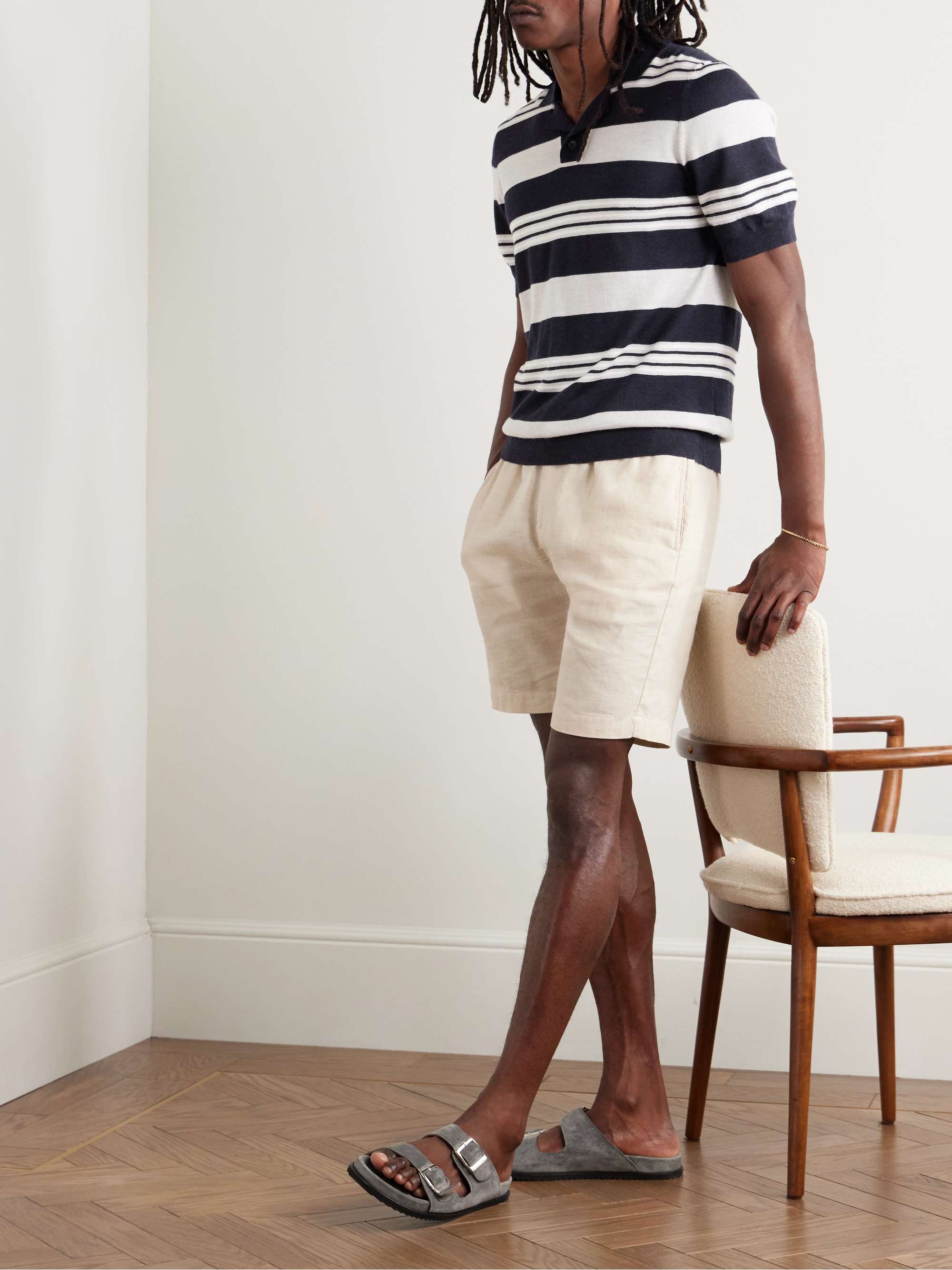 Camp-Collar Striped Merino Wool Polo Shirt view