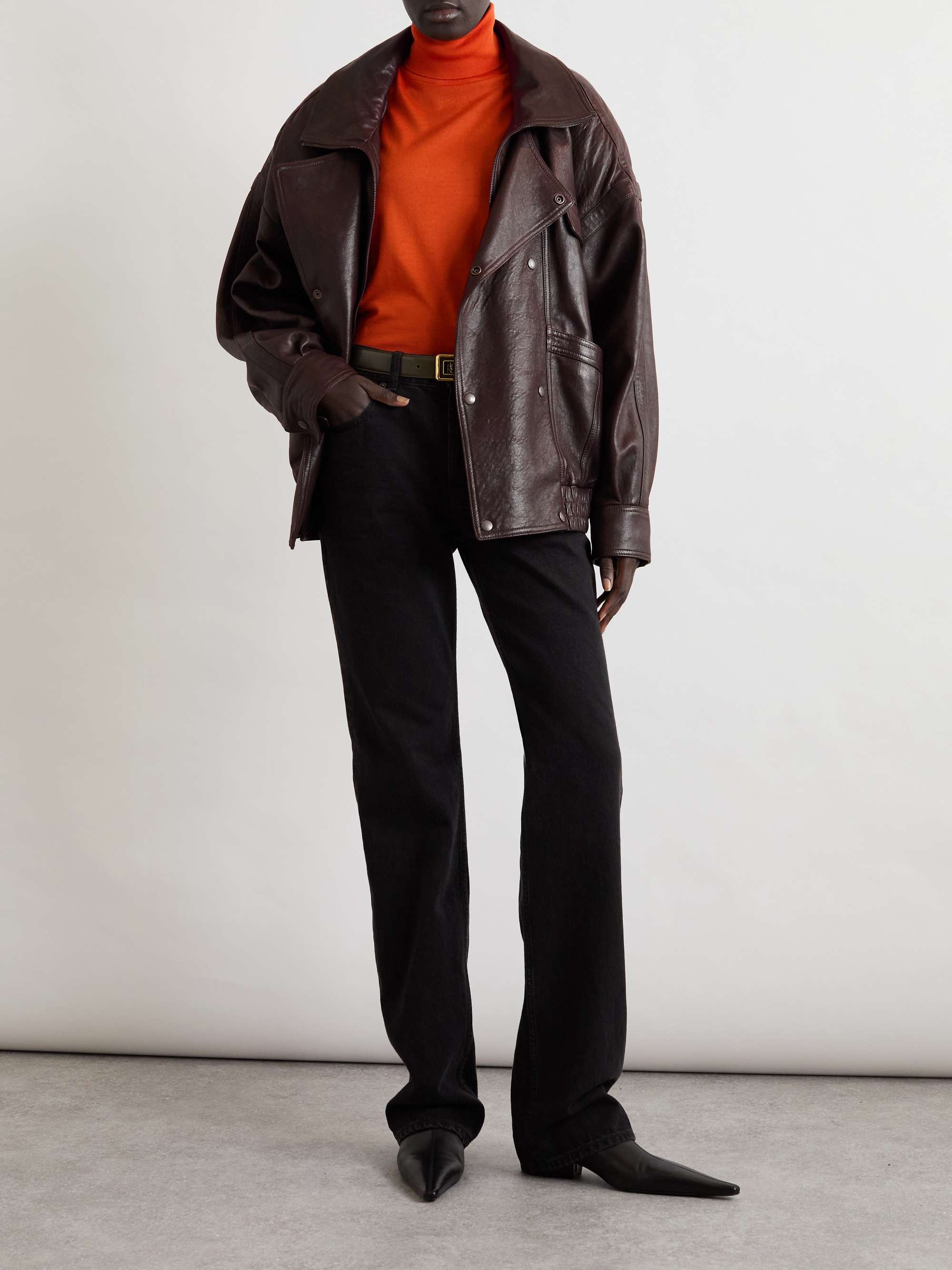 Oversized double-breasted paneled leather jacket view