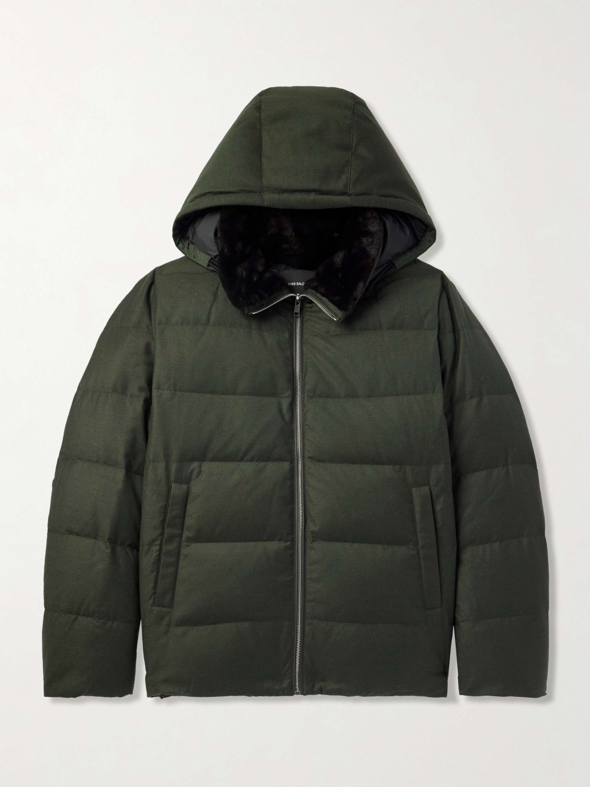 Shearling-Trimmed Quilted Wool and Silk-Blend Hooded Down Jacket view