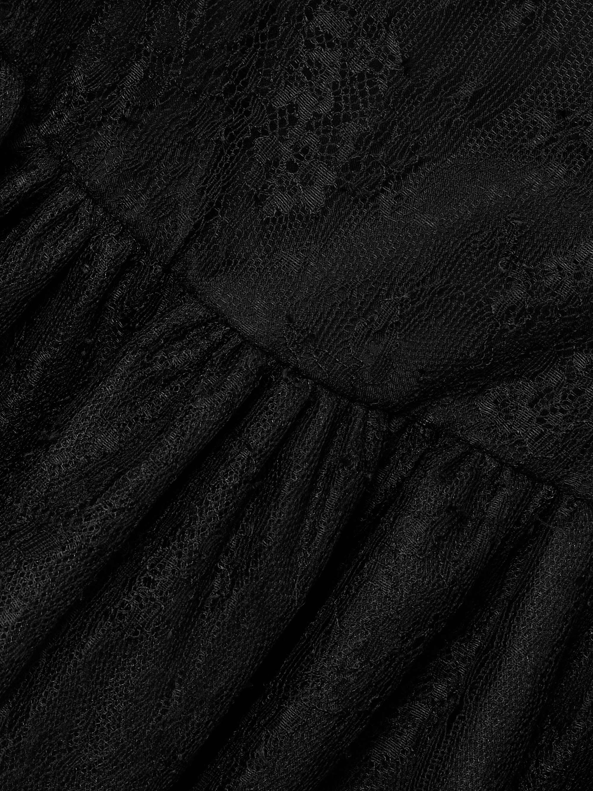 Velvet-trimmed bow-detailed gathered Chantilly lace mini dress view