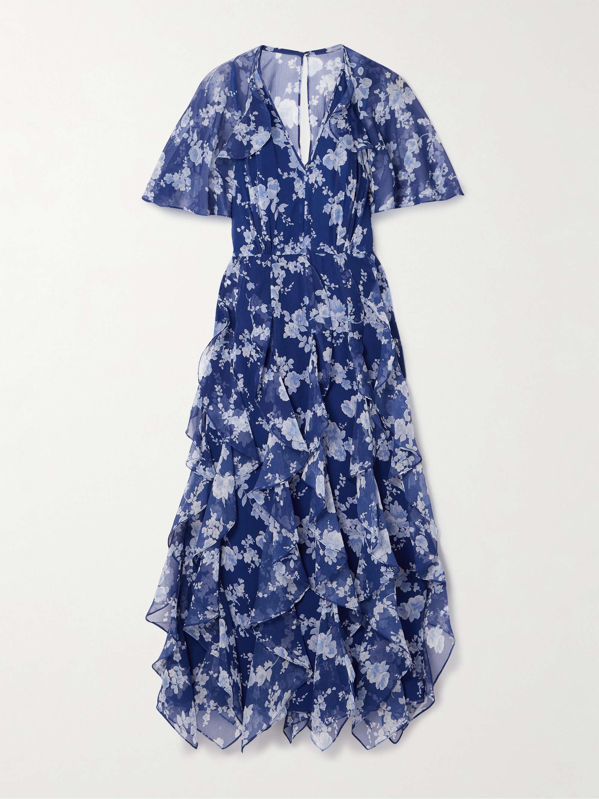 Cape-effect ruffled floral-print silk-crepon midi dress view