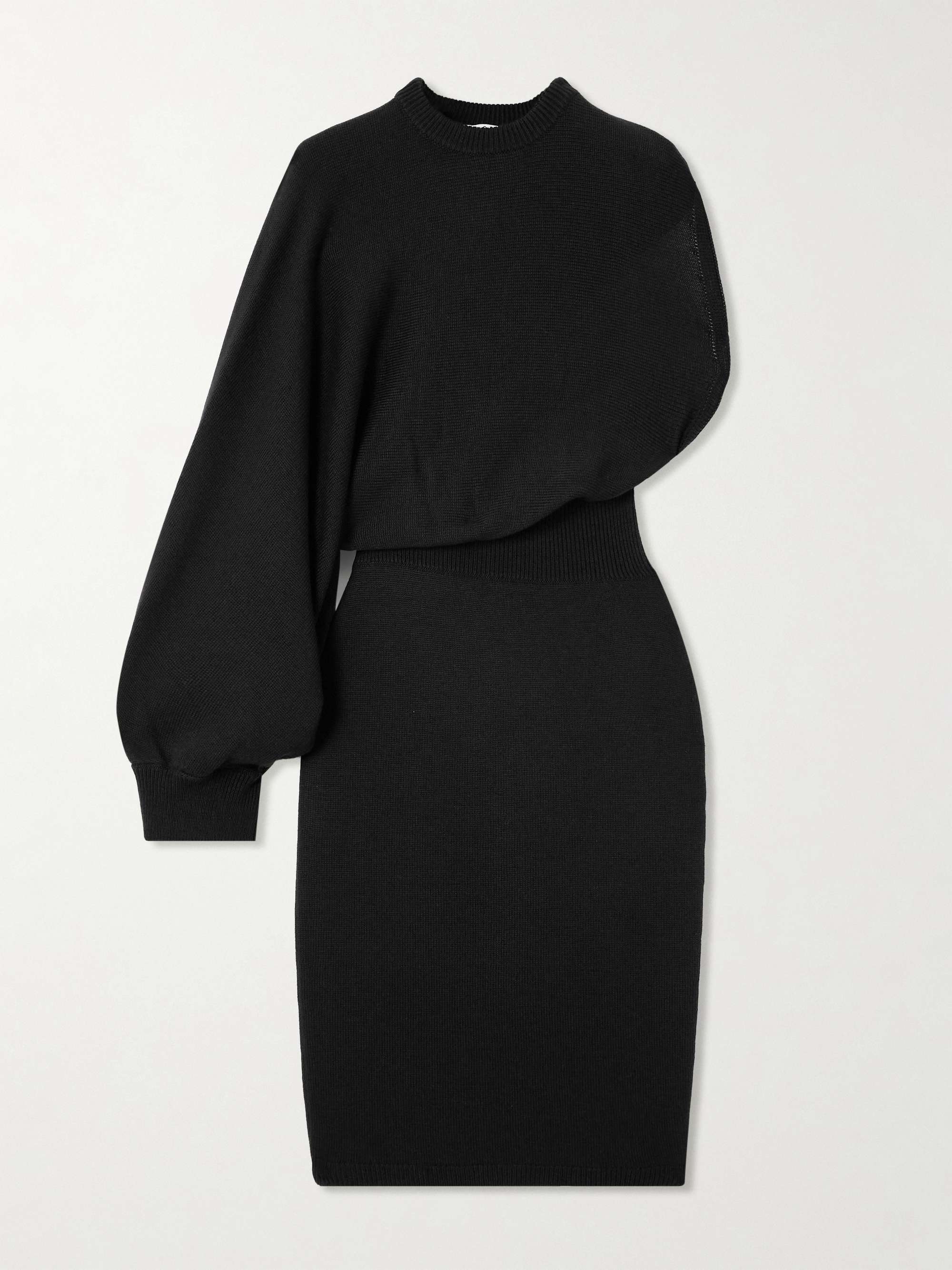 One-sleeve asymmetric knitted wool midi dress view