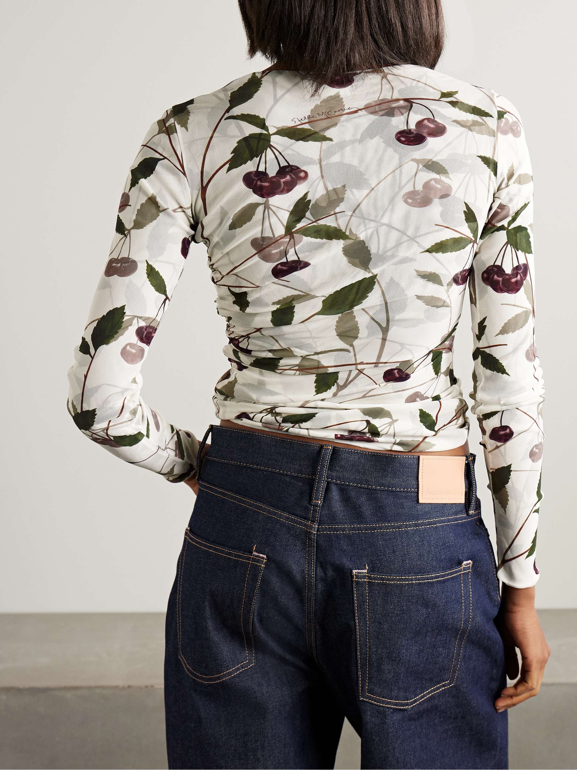 Ruched printed stretch-mesh top view