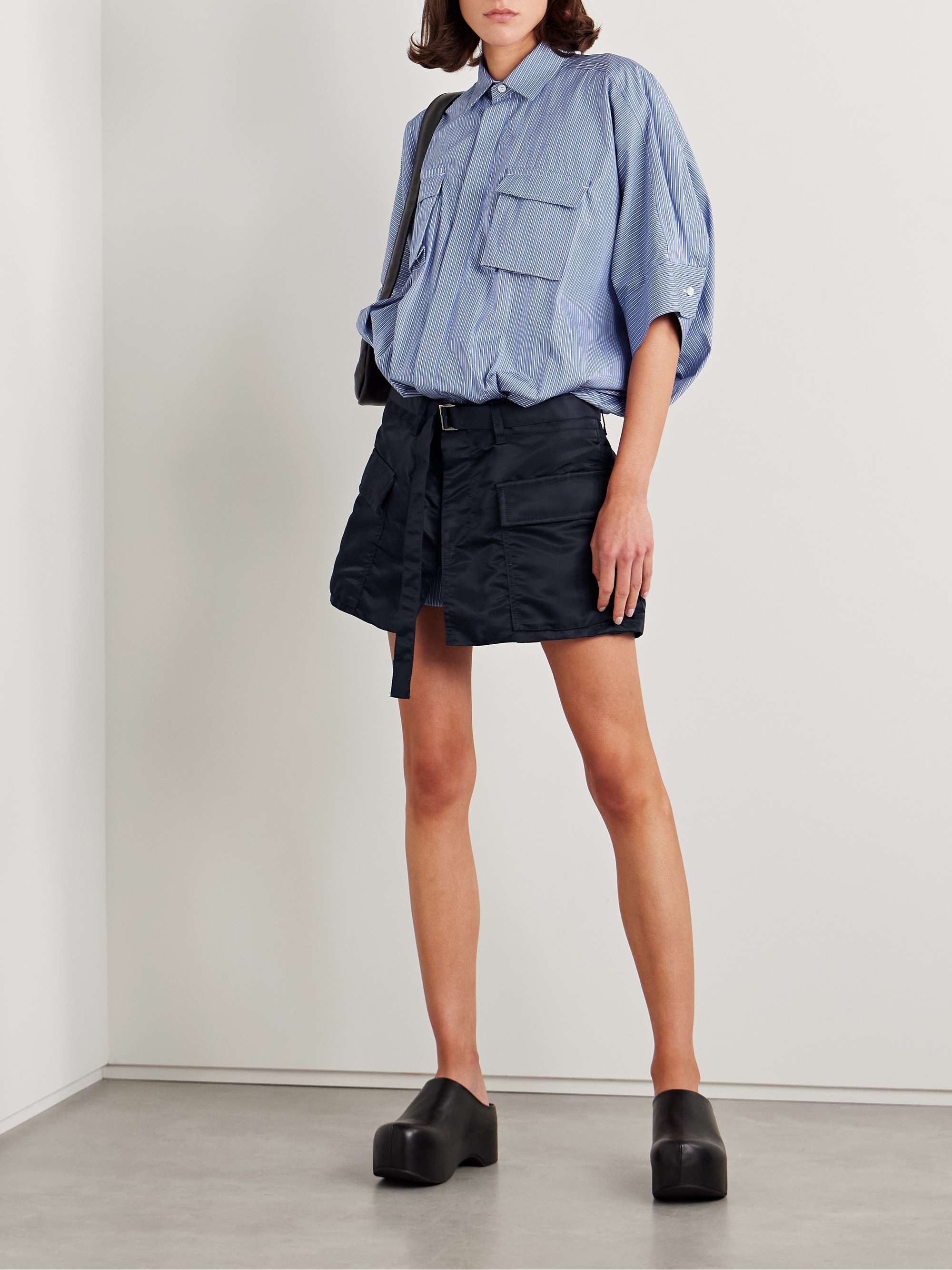 Belted pinstriped poplin and shell mini dress view