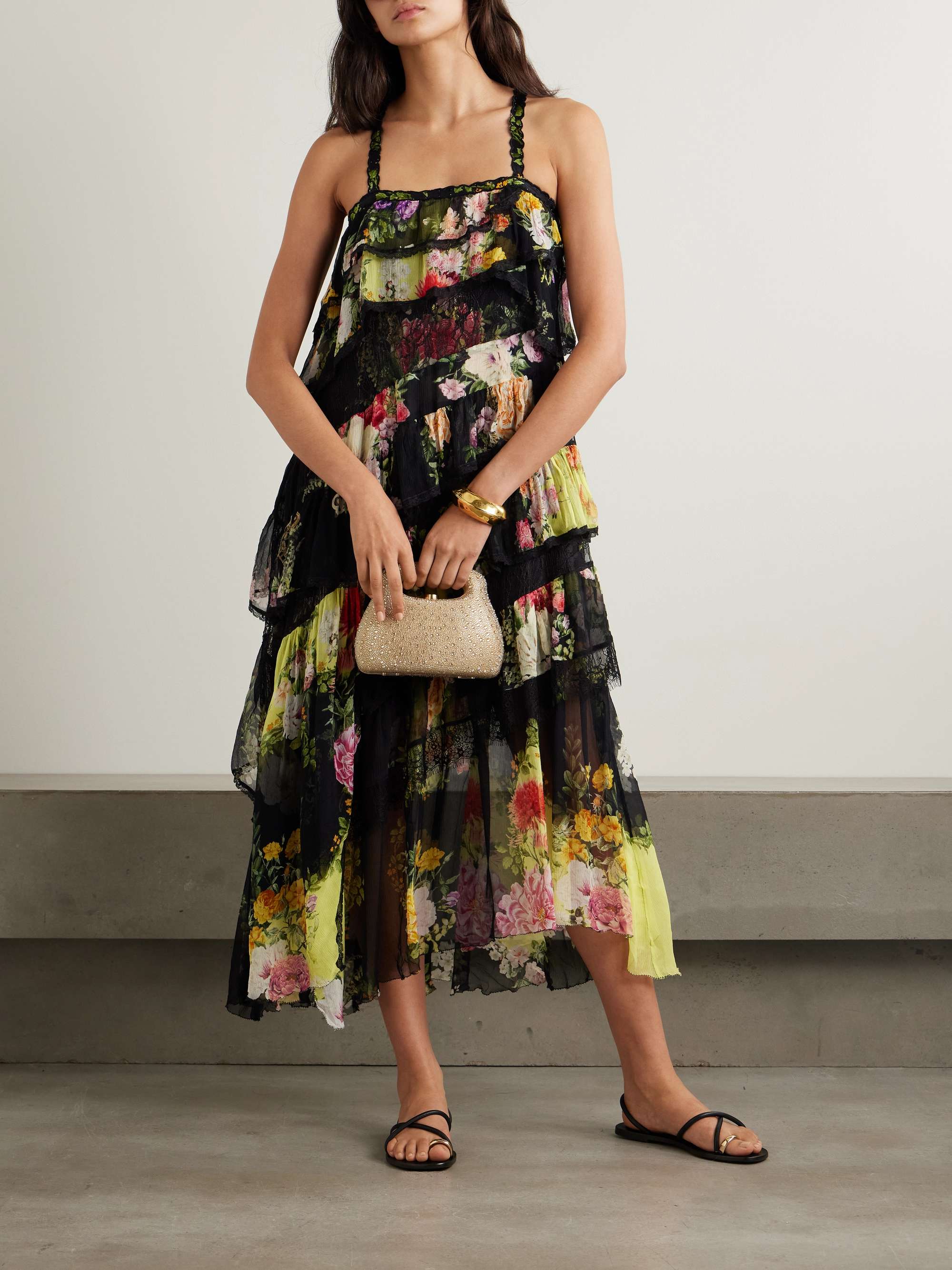 Asymmetric crystal-embellished lace-trimmed floral-print silk-crepon midi dress view
