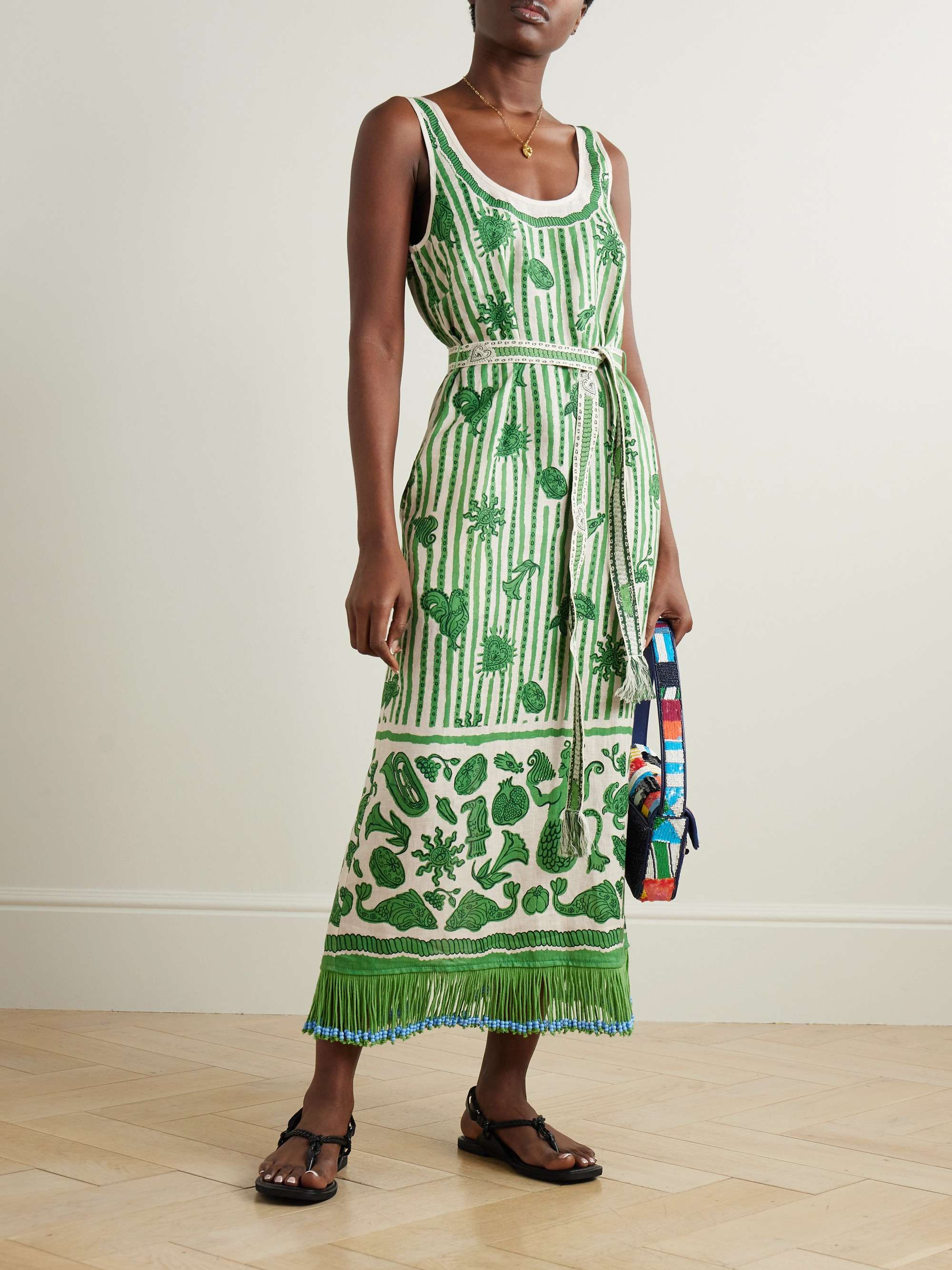 Lula belted fringed embellished printed cotton and silk-blend midi dress view