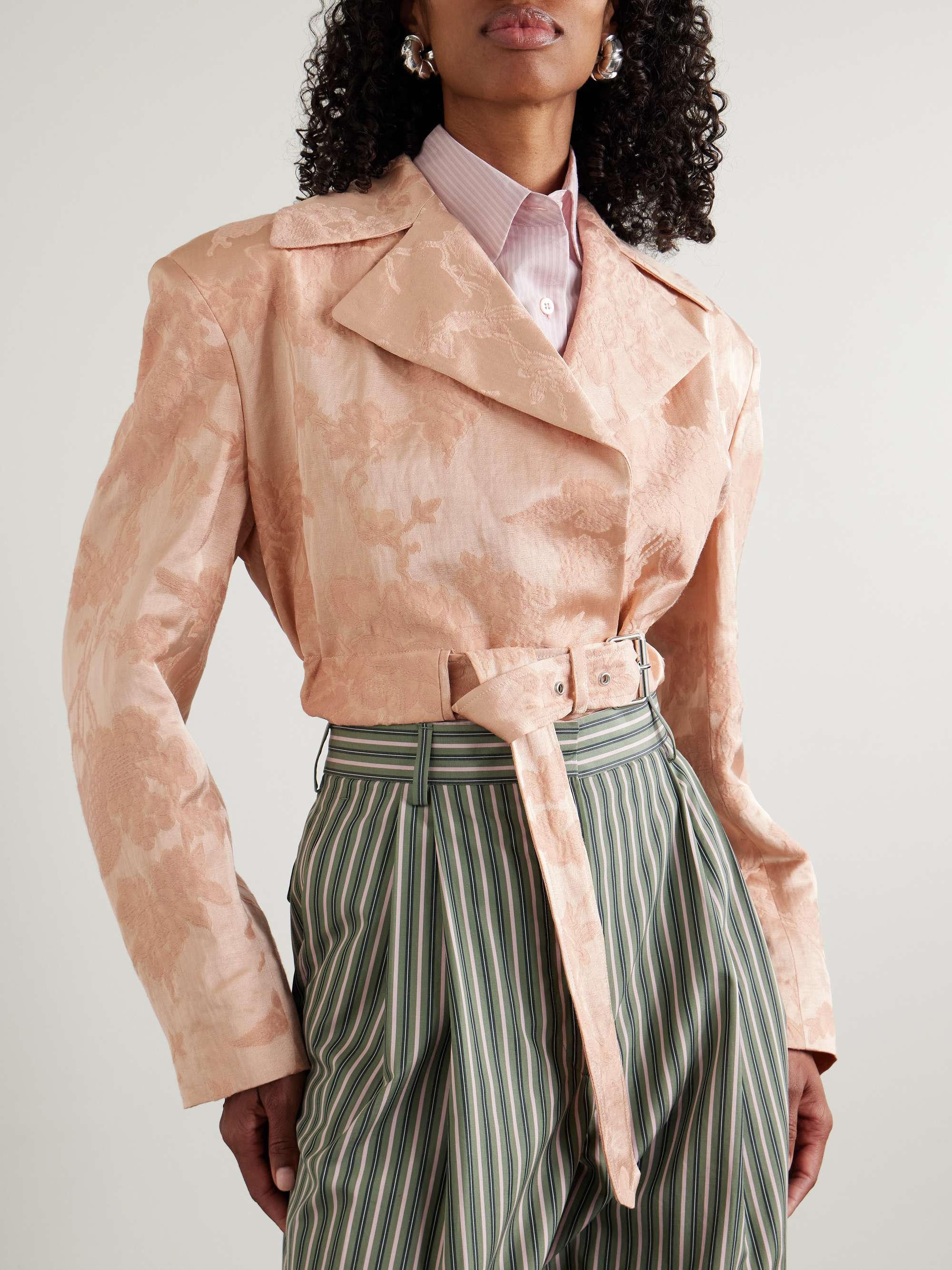 Belted cropped floral-jacquard linen-blend jacket view