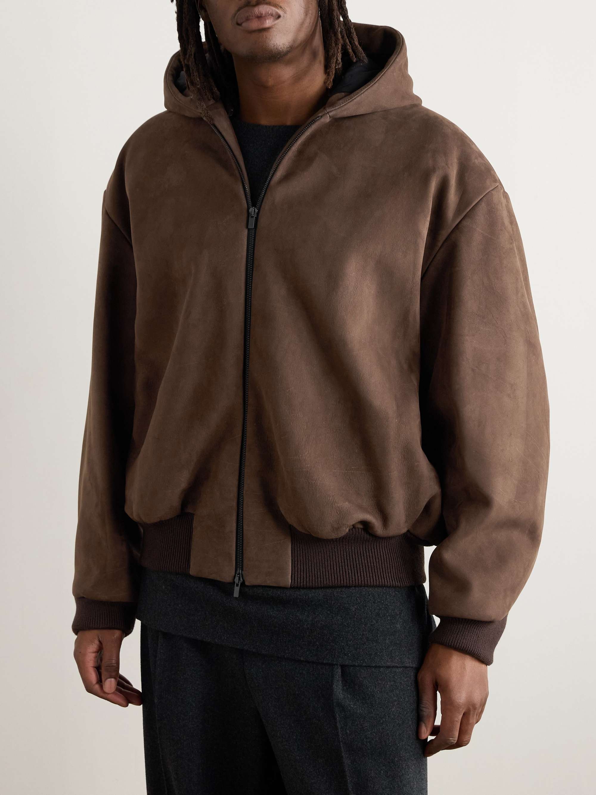 Logo-Appliquéd Nubuck Hooded Bomber Jacket view