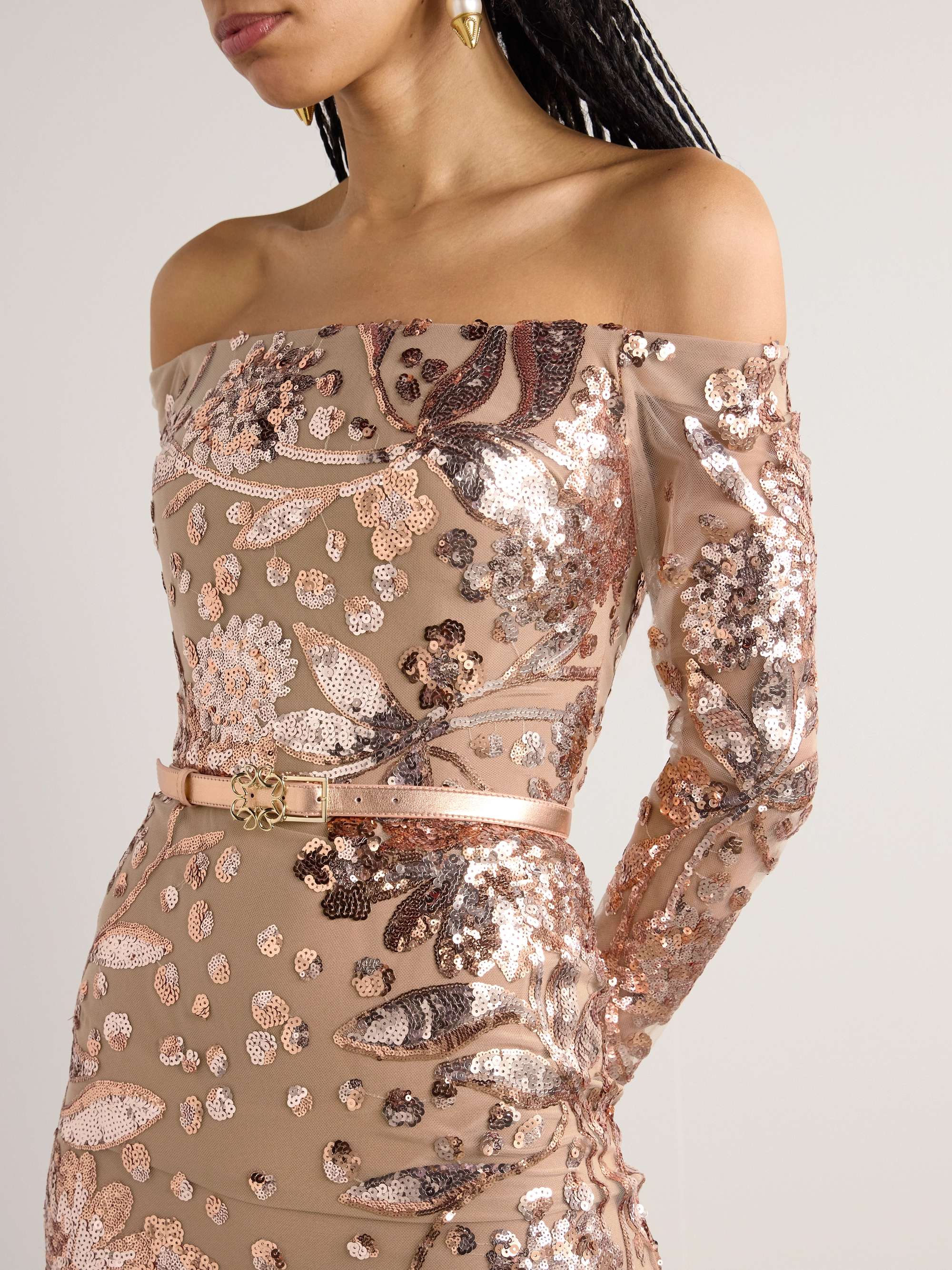 Belted off-the-shoulder sequin-embellished silk-blend tulle gown view
