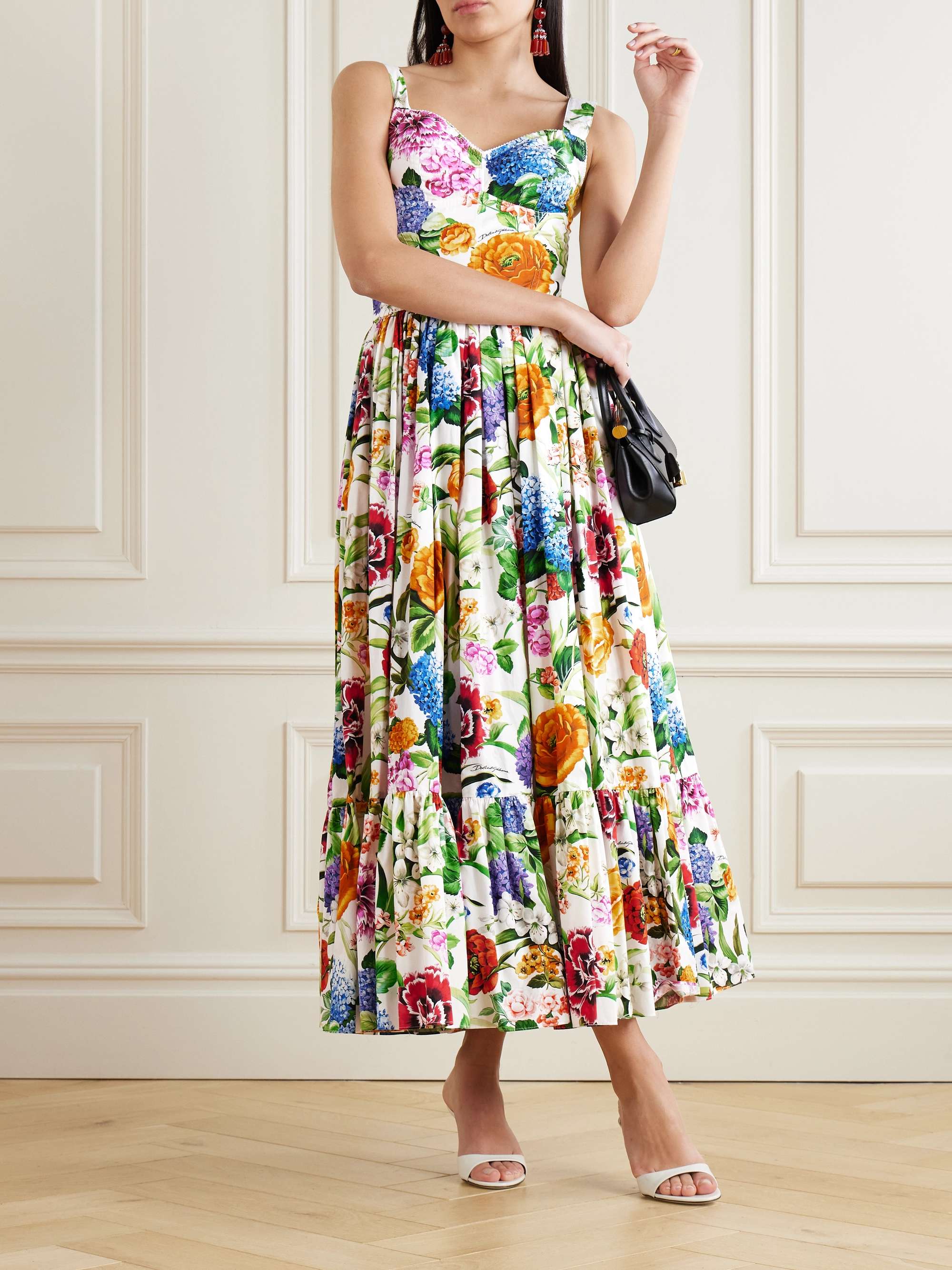 Tiered pleated floral-print cotton-poplin midi dress view