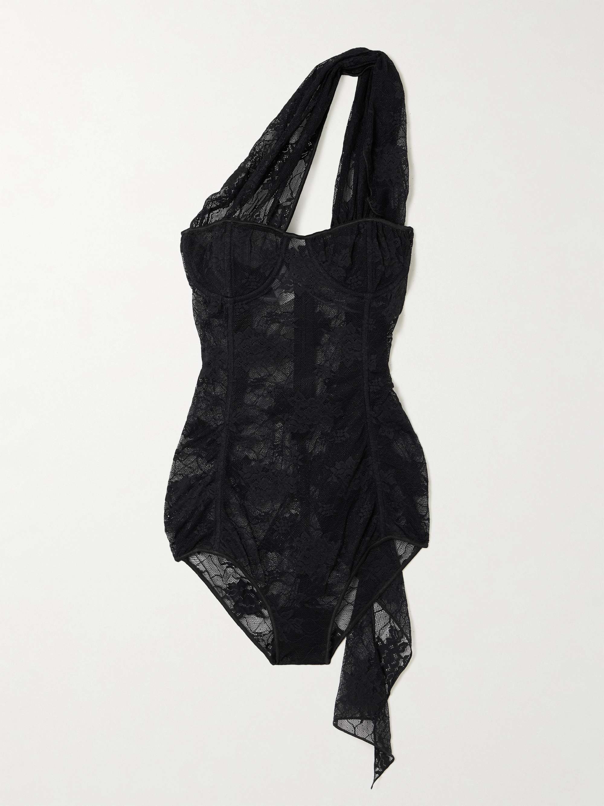 One-shoulder draped stretch-lace bodysuit view