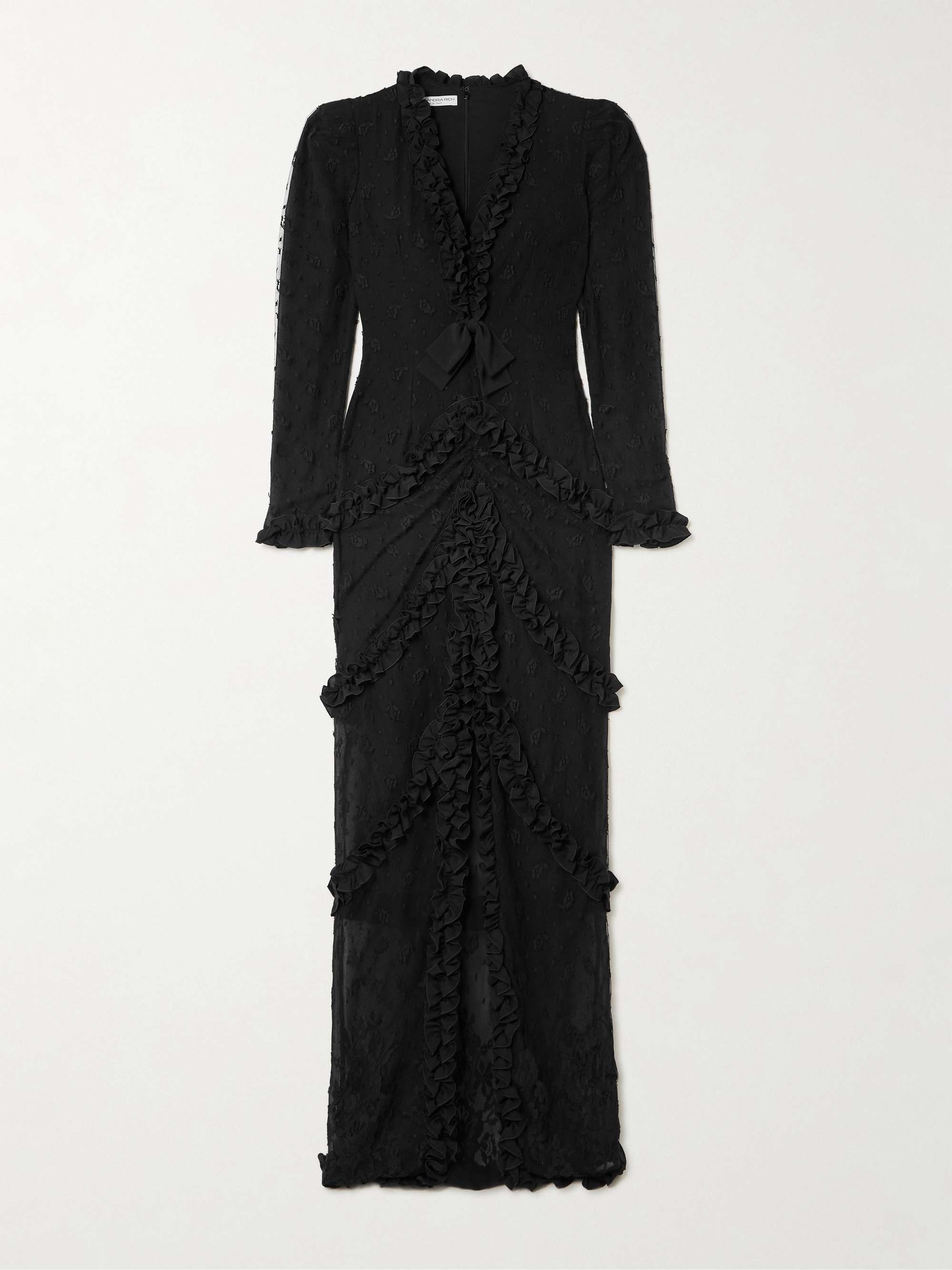 Ruffled crepe-trimmed embroidered point d'esprit gown view