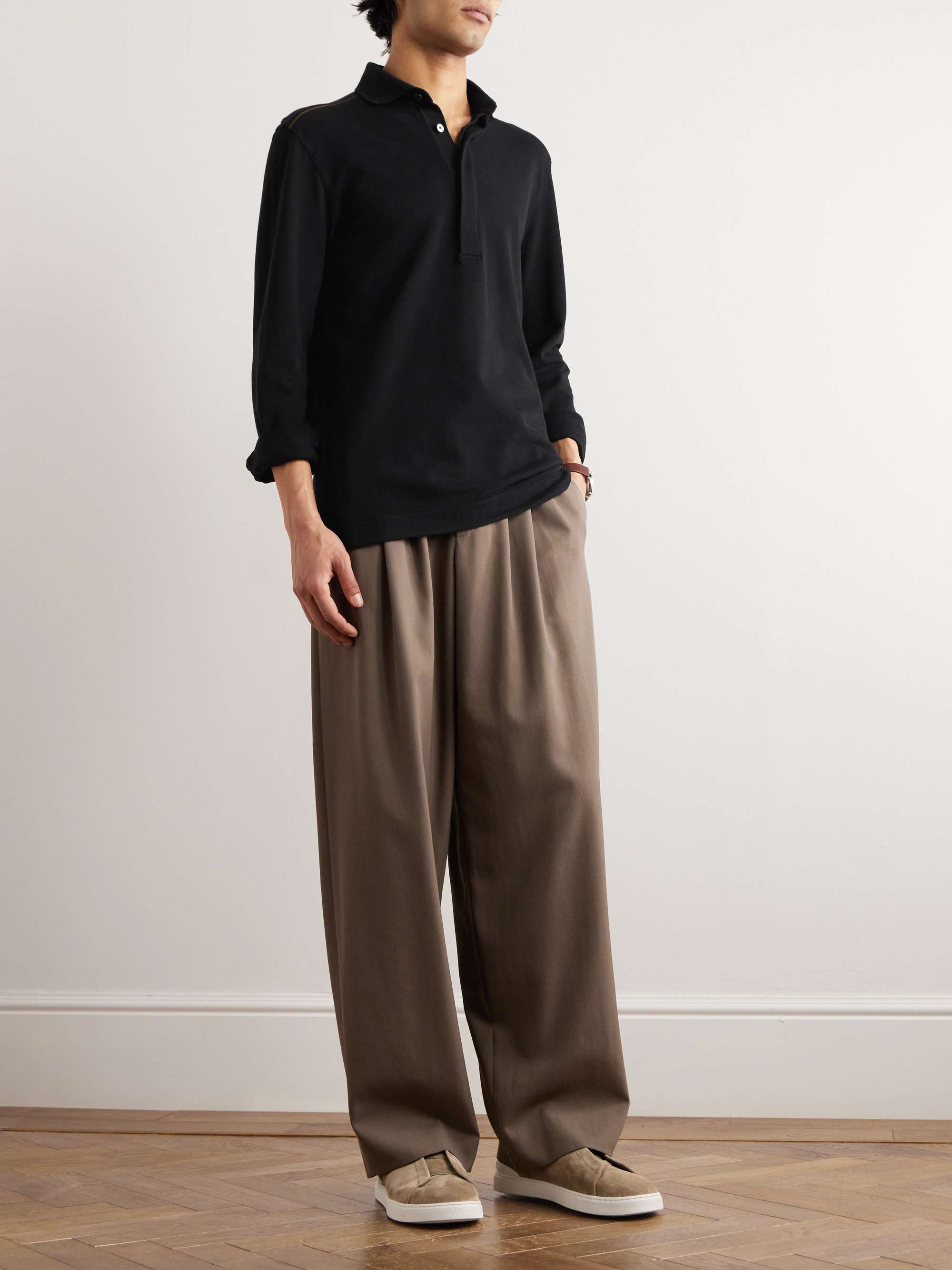 Leather-Trimmed Cotton-Piqué Polo Shirt view