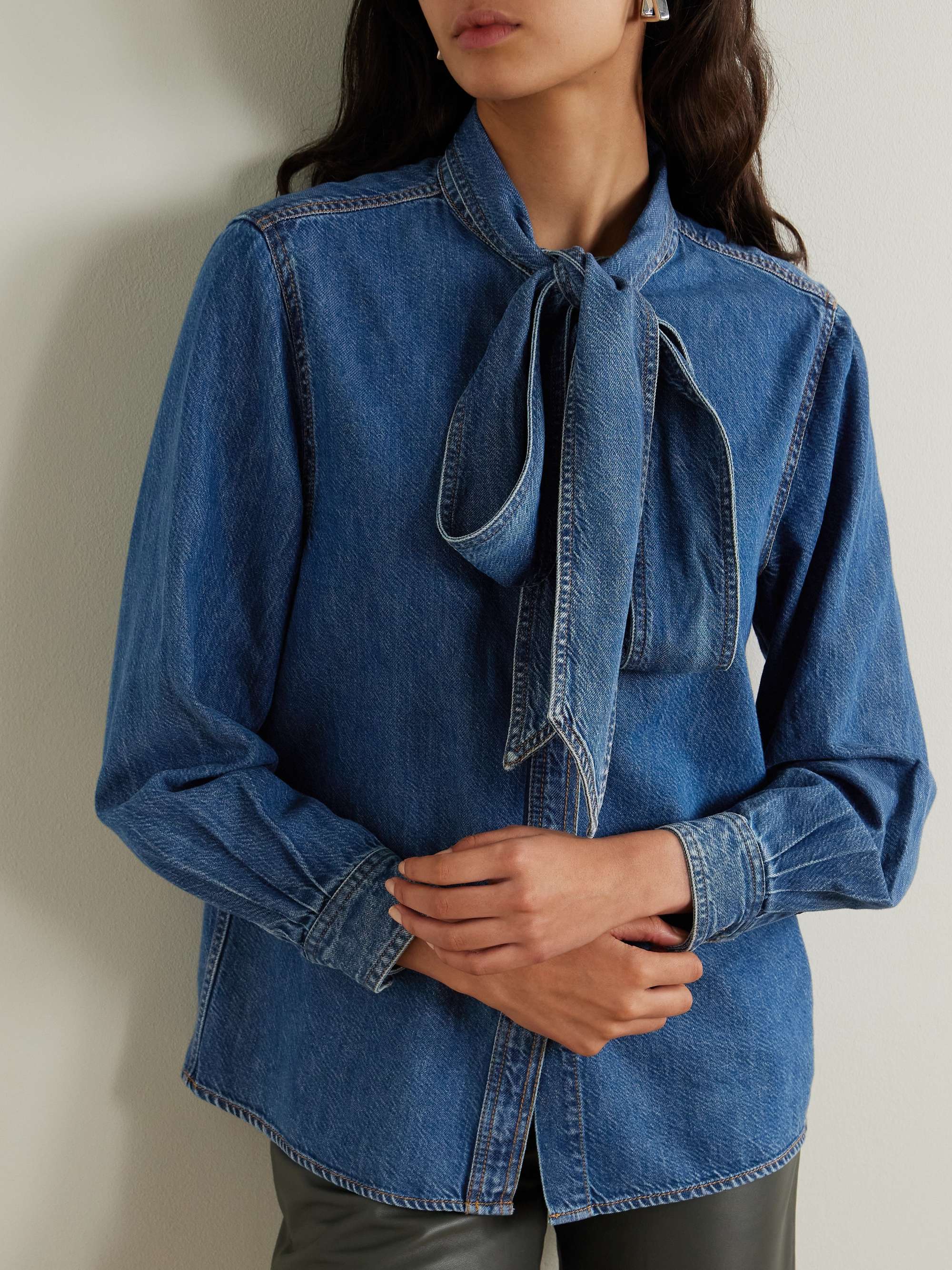 The Secretary pussy-bow denim shirt view