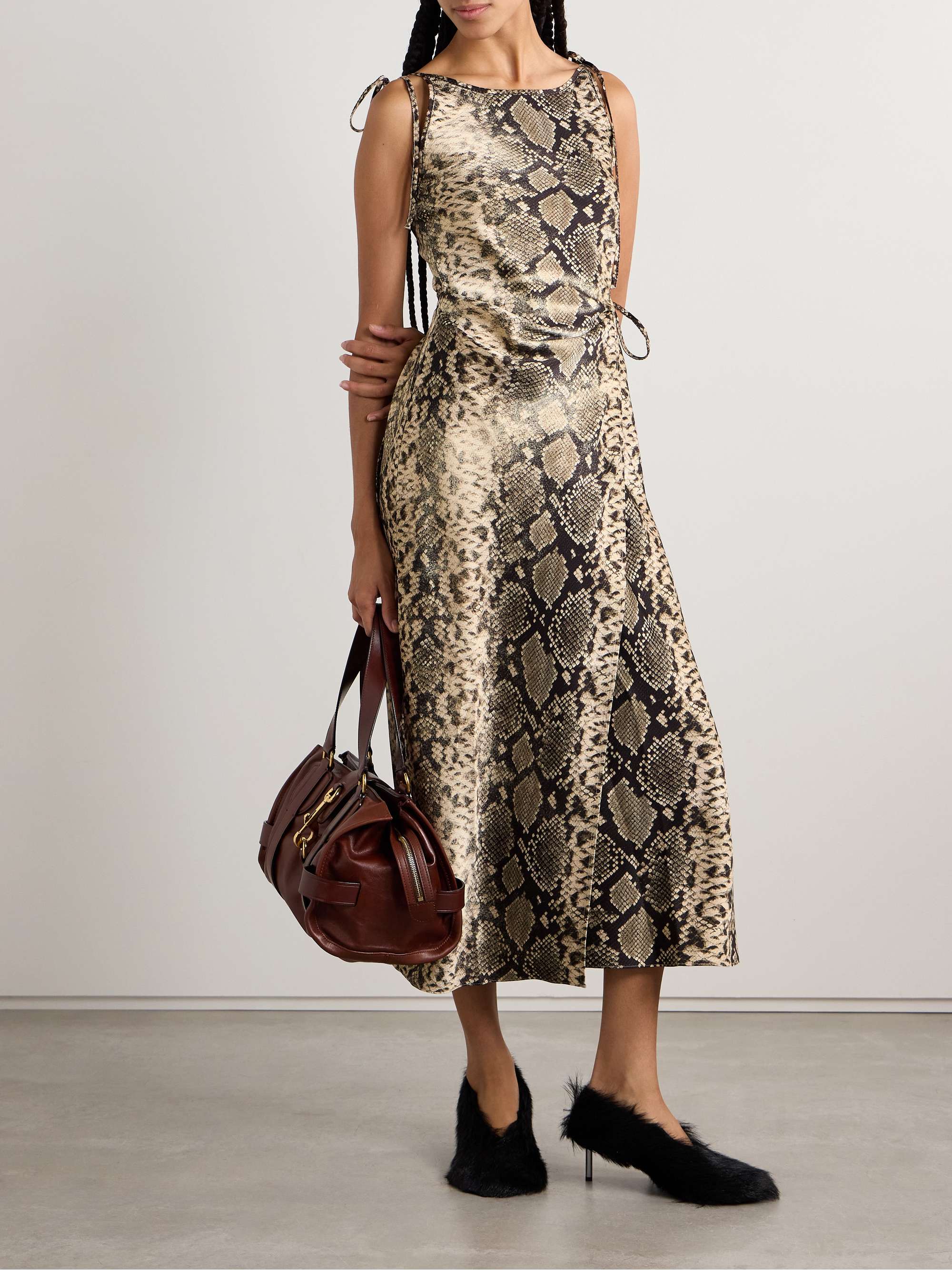 Wrap-effect draped snake-print hammered-satin midi dress view