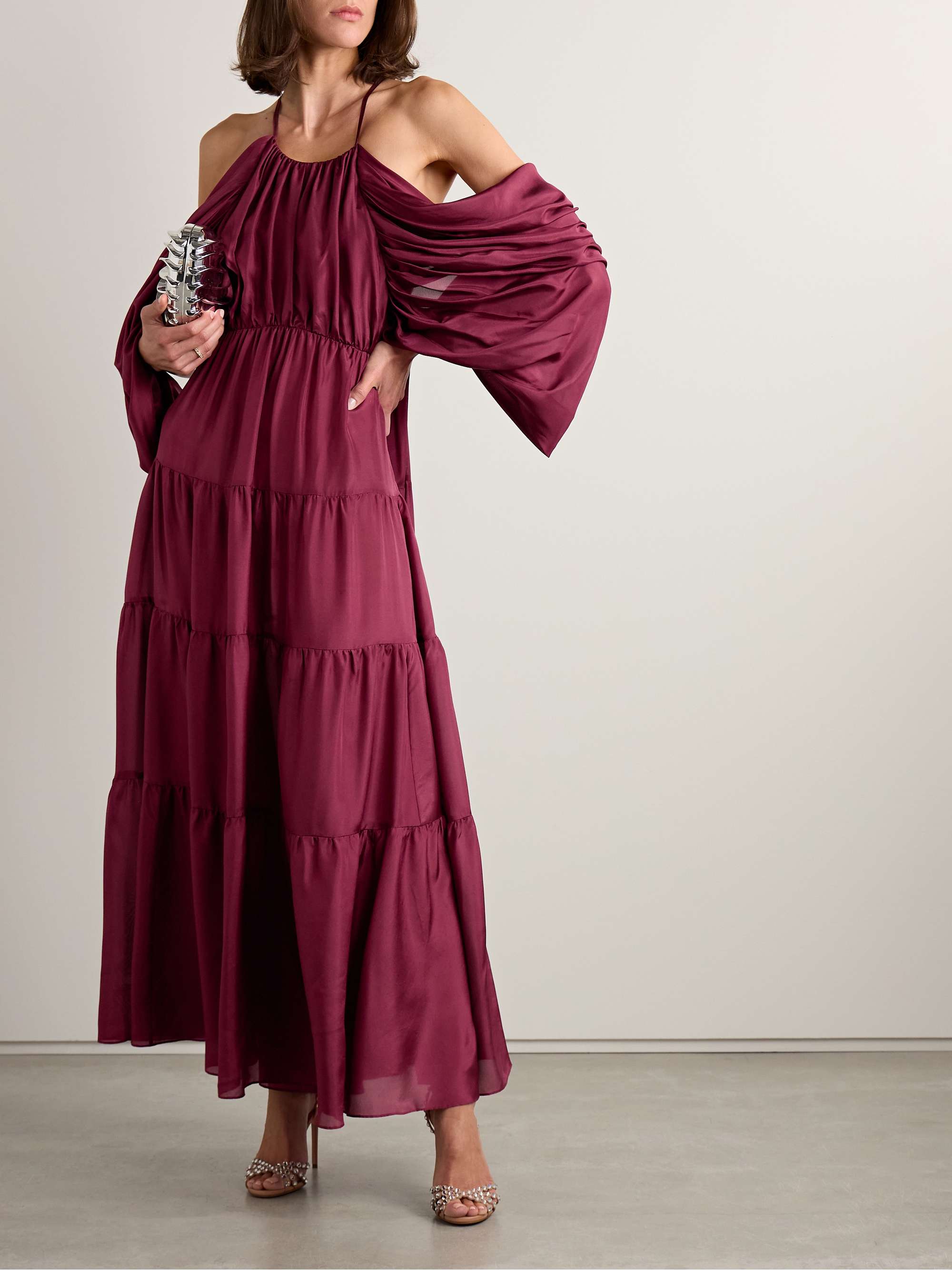 Tallow cold-shoulder pleated tiered silk-satin maxi dress view