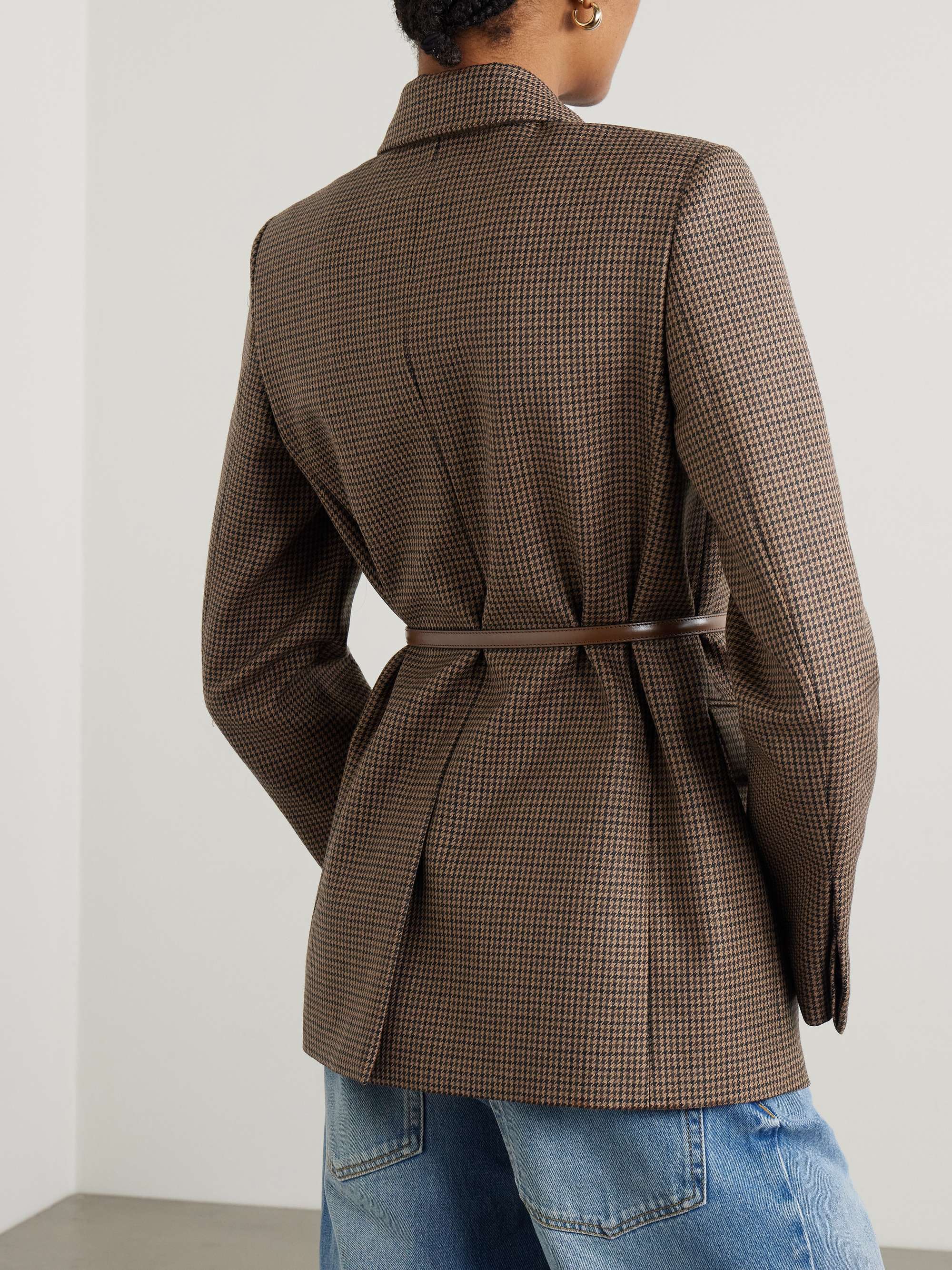 Leather-trimmed belted houndstooth wool blazer view