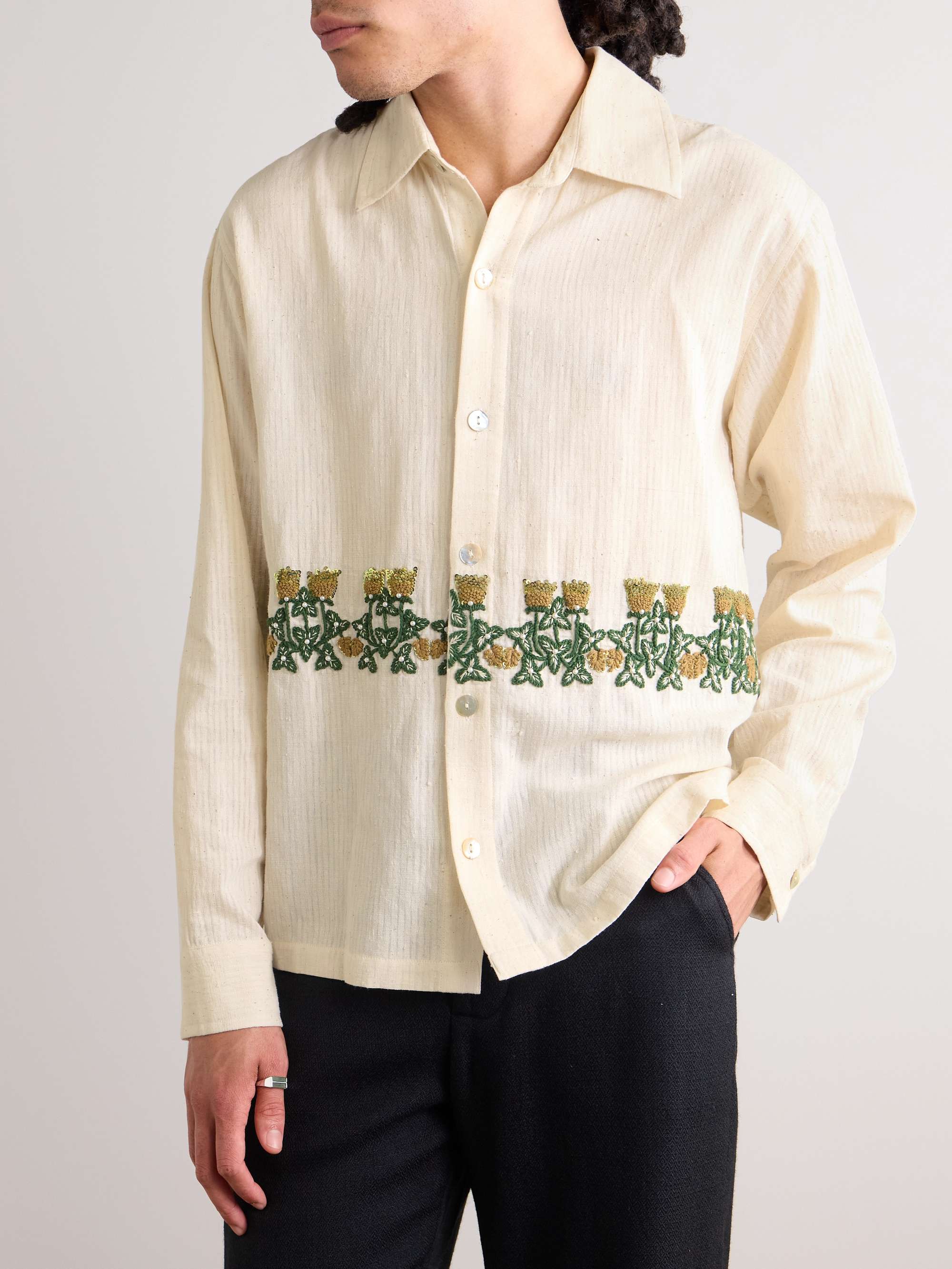 Camp-Collar Embellished Embroidered Cotton-Gauze Shirt view