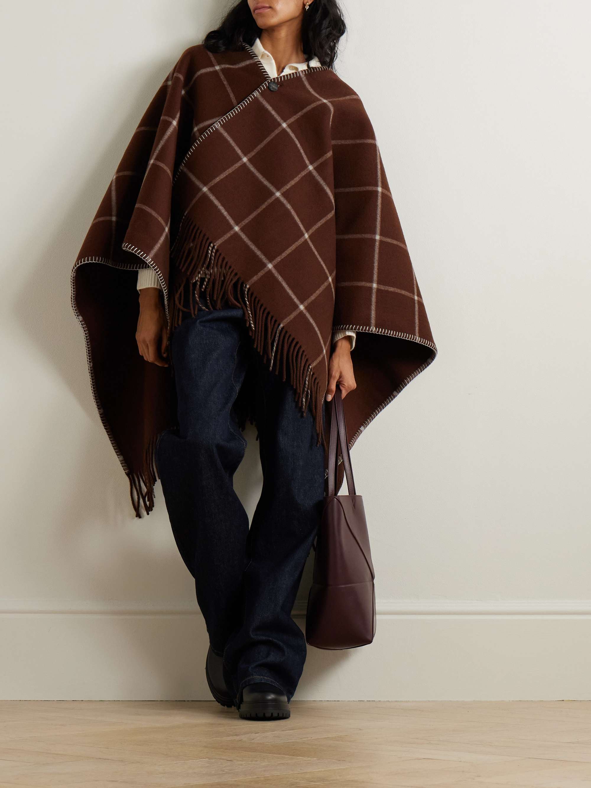 Welbeck fringed whipstitched-trimmed checked wool and cashmere-blend cape view