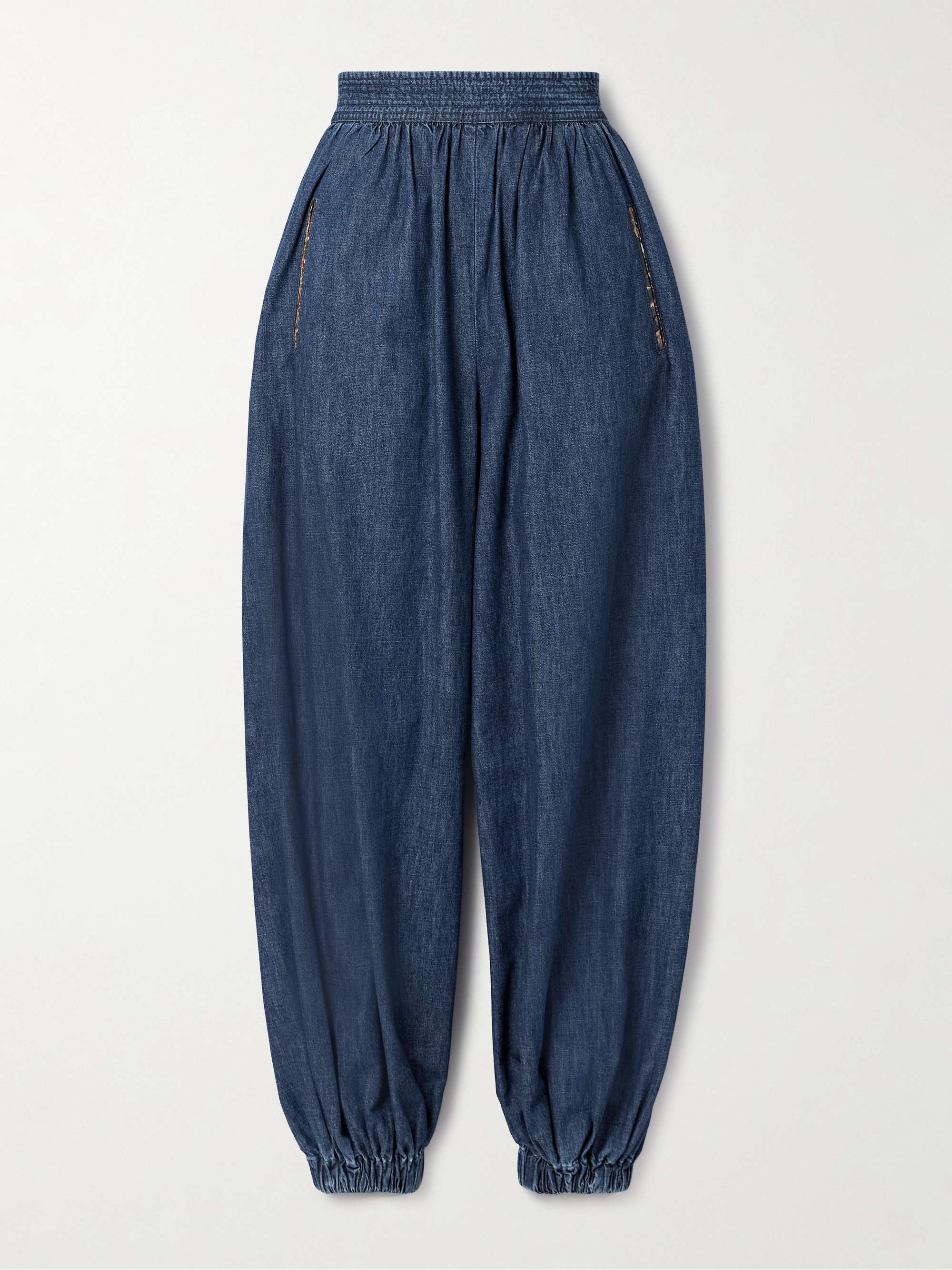 Tasseled embroidered chambray tapered pants view