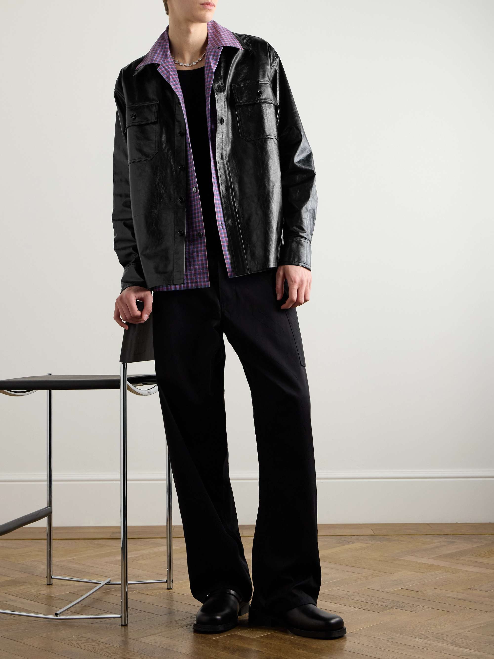 Logo-Embroidered Glossed-Leather Overshirt view