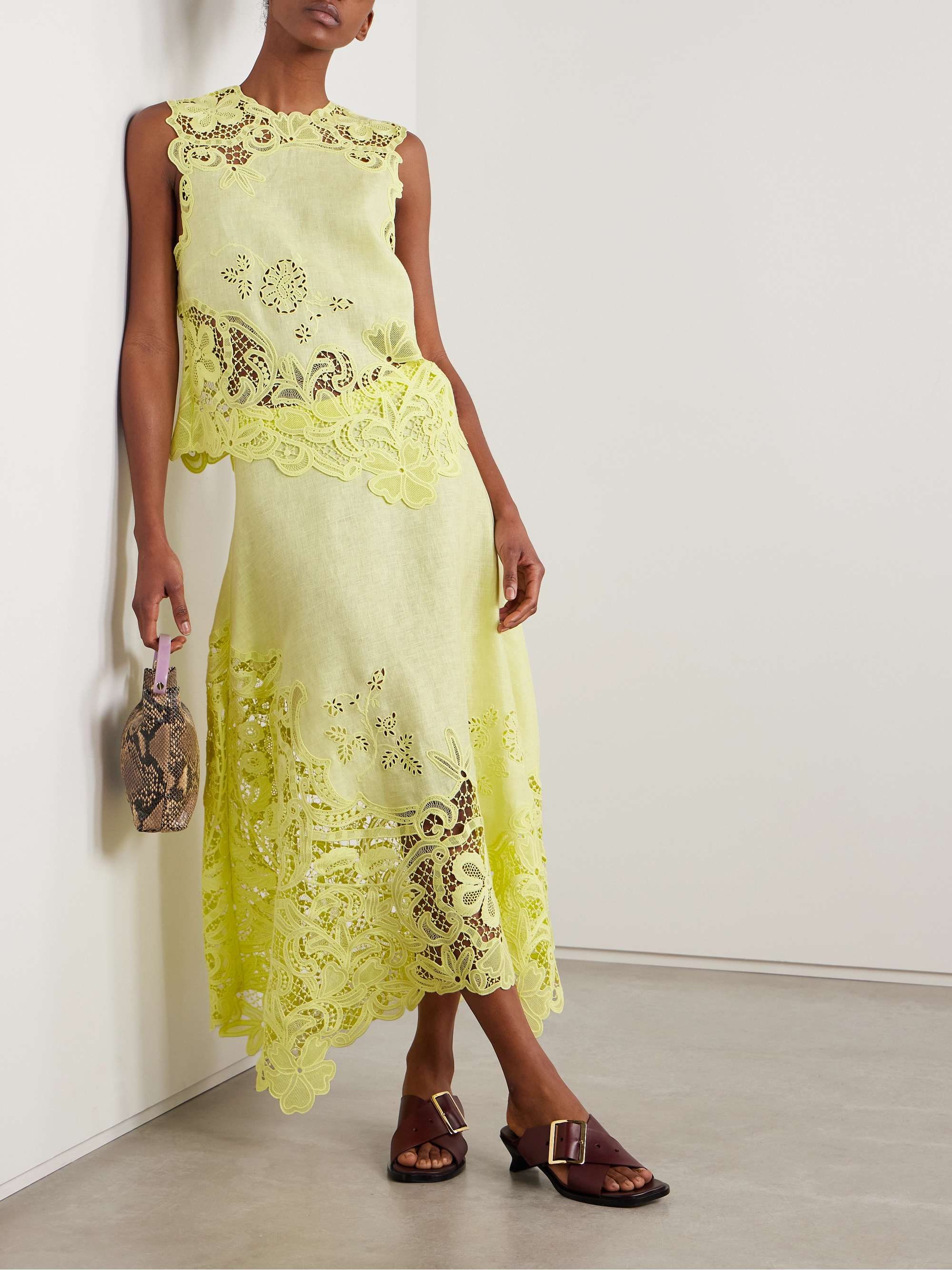 Rae guipure lace-paneled linen midi skirt view