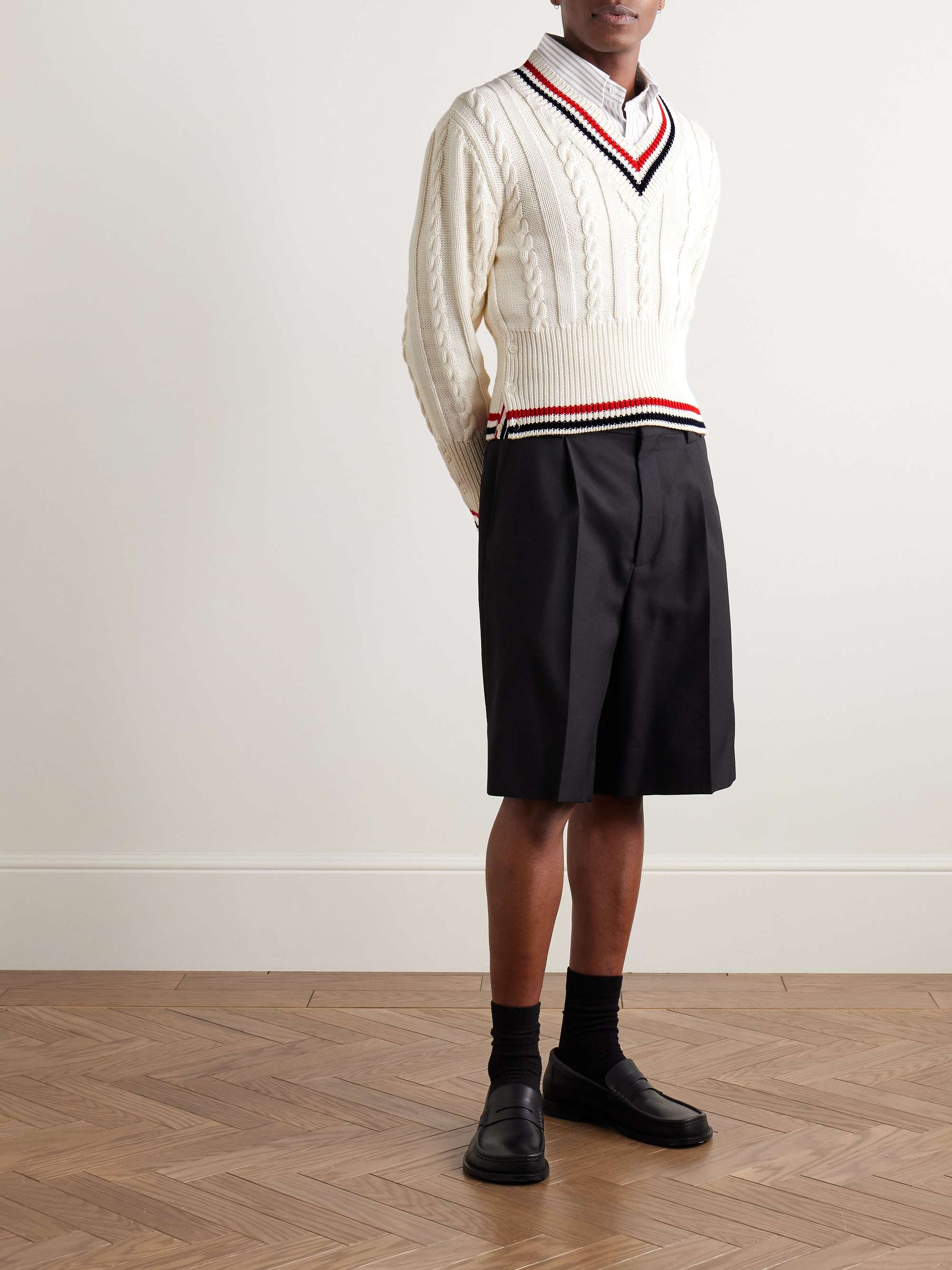 Slim-Fit Cropped Striped Cable-Knit Cotton Sweater view