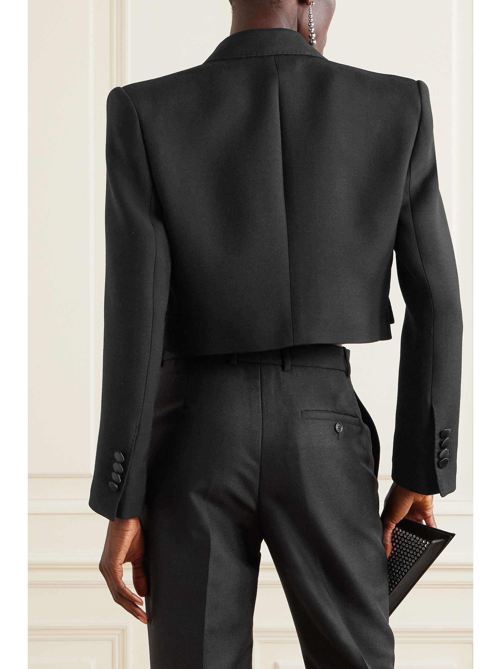 Cropped satin-trimmed wool-blend blazer view
