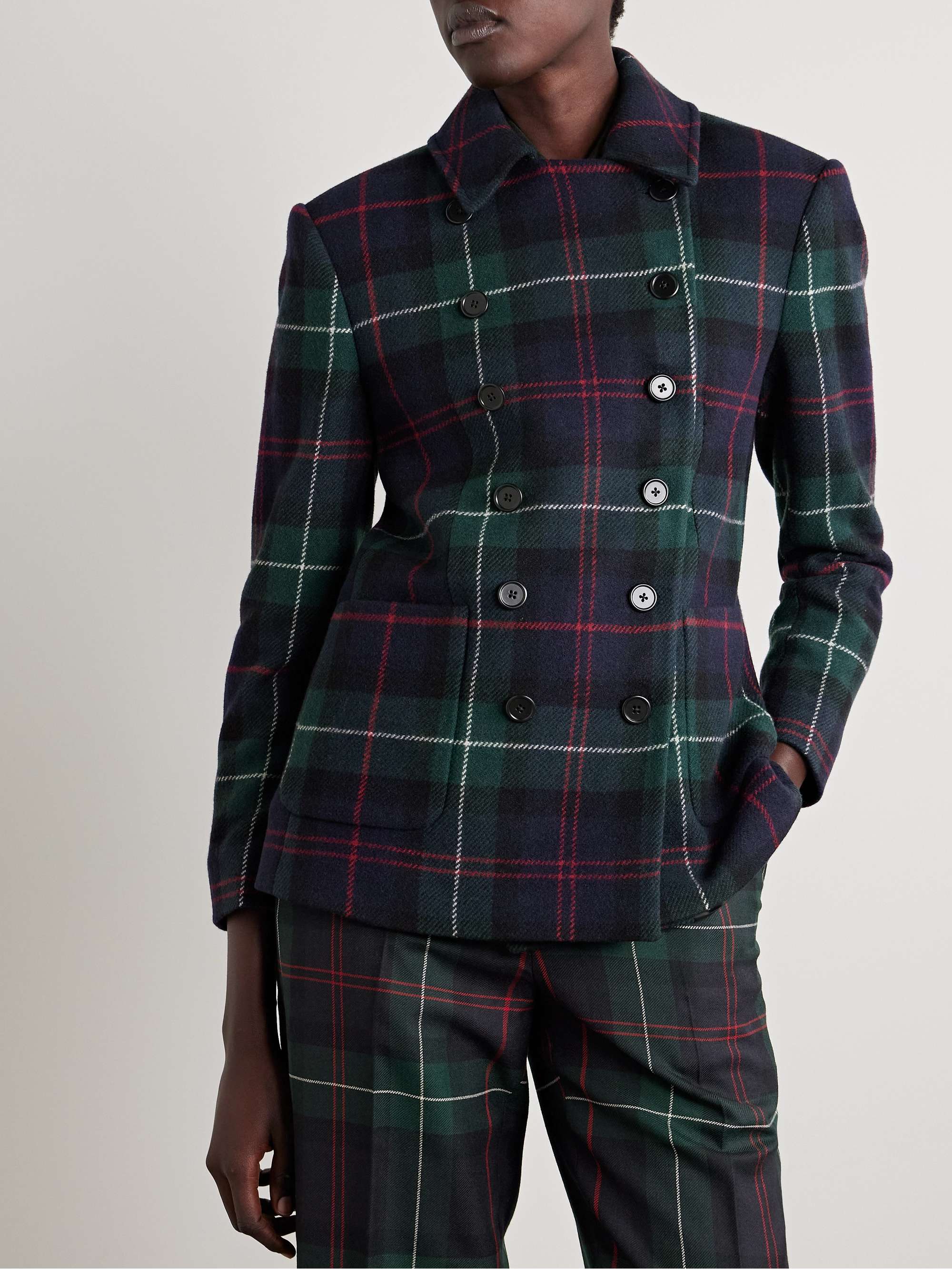 Checked double-breasted wool-blend flannel blazer view