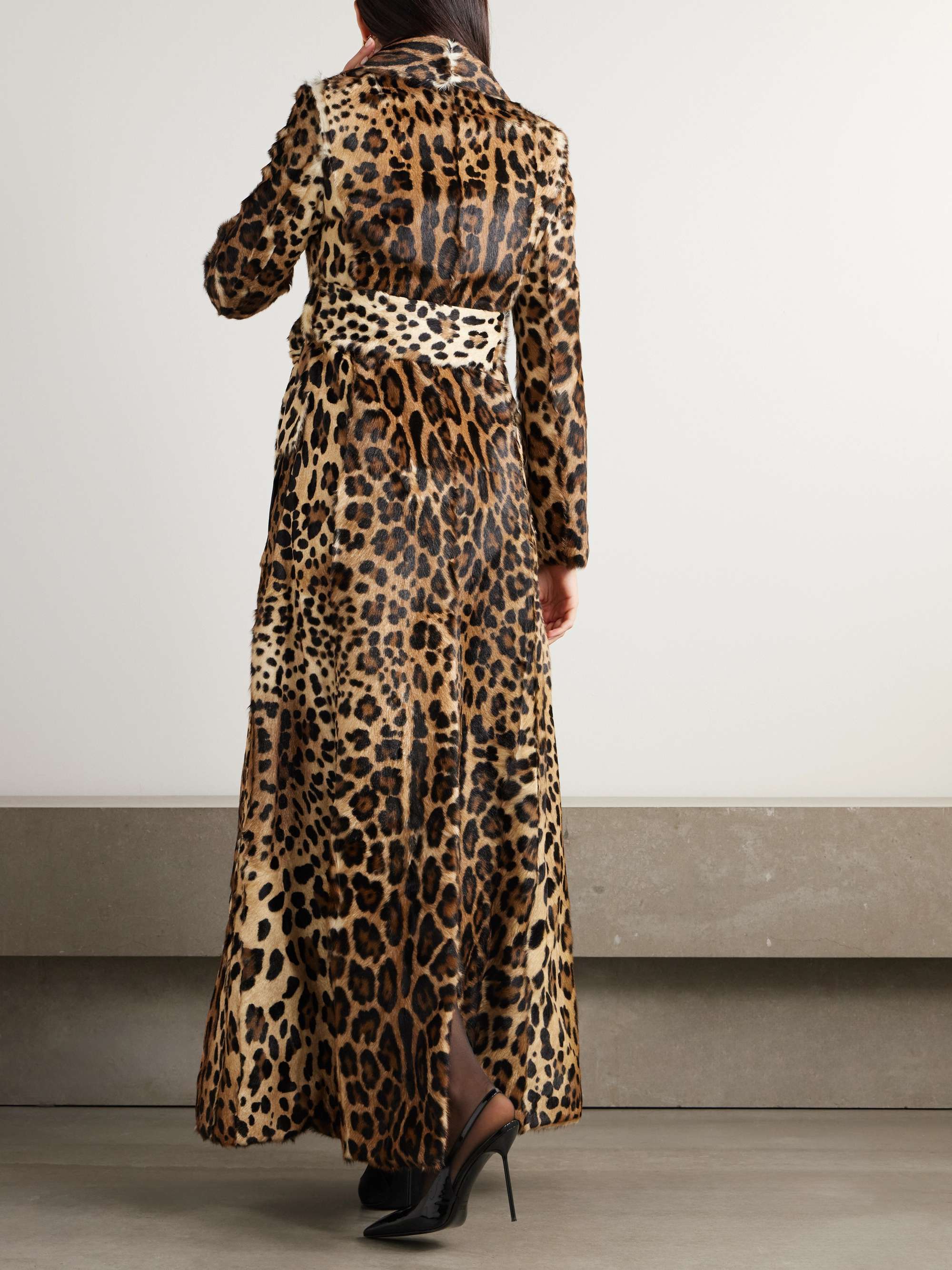Belted double-breasted leopard-print goat hair coat view