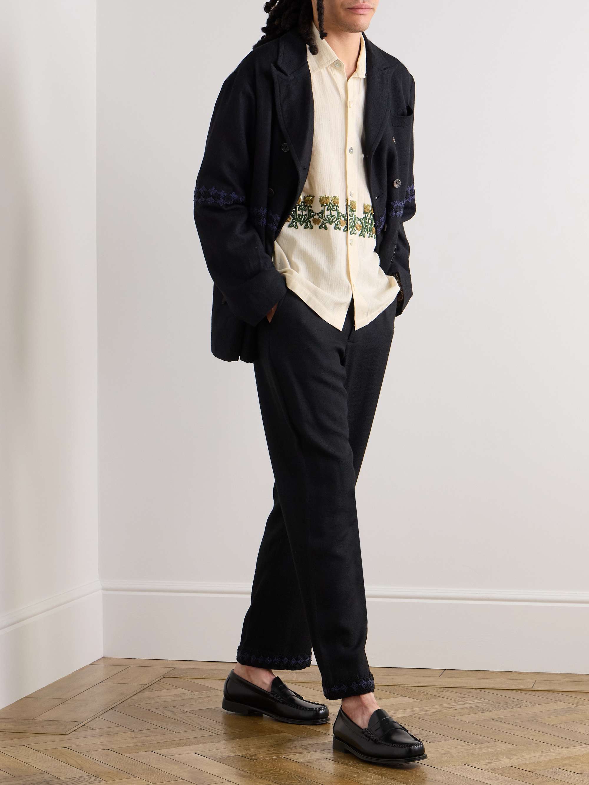 Camp-Collar Embellished Embroidered Cotton-Gauze Shirt view