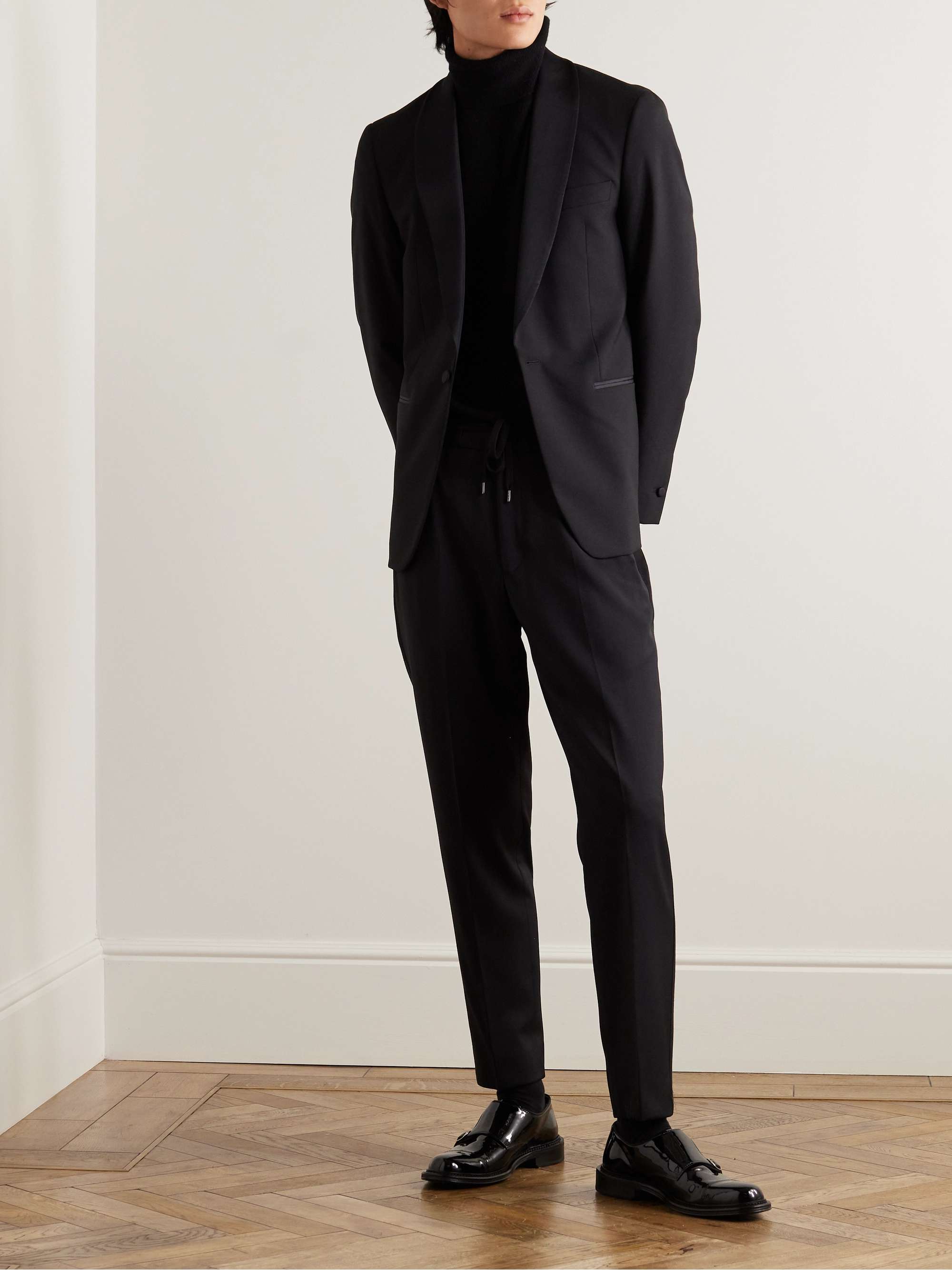 Tapered Grosgrain-Trimmed Wool Drawstring Tuxedo Trousers view