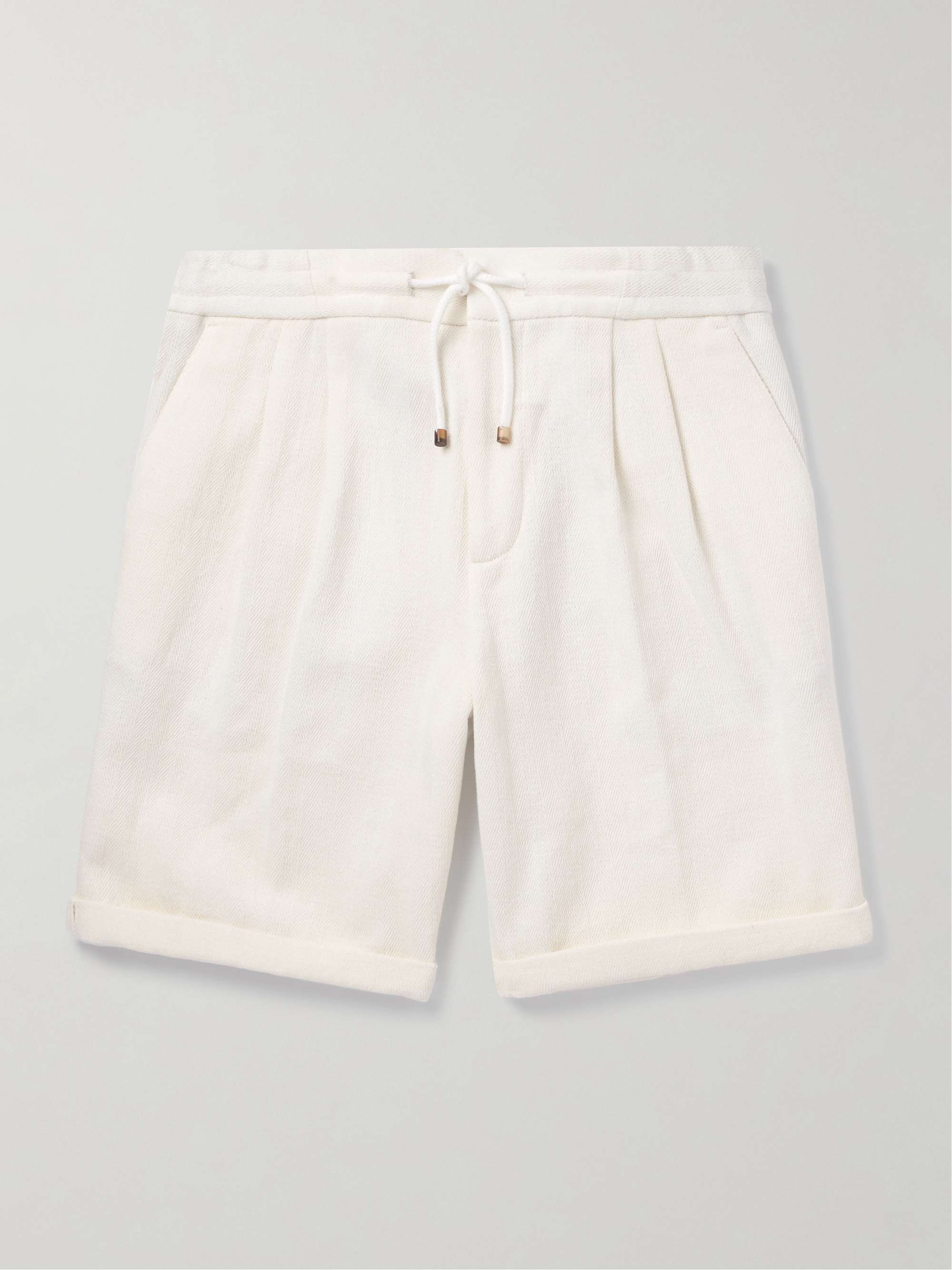 Straight-Leg Pleated Herringbone Cotton and Linen-Blend Drawstring Bermuda Shorts view