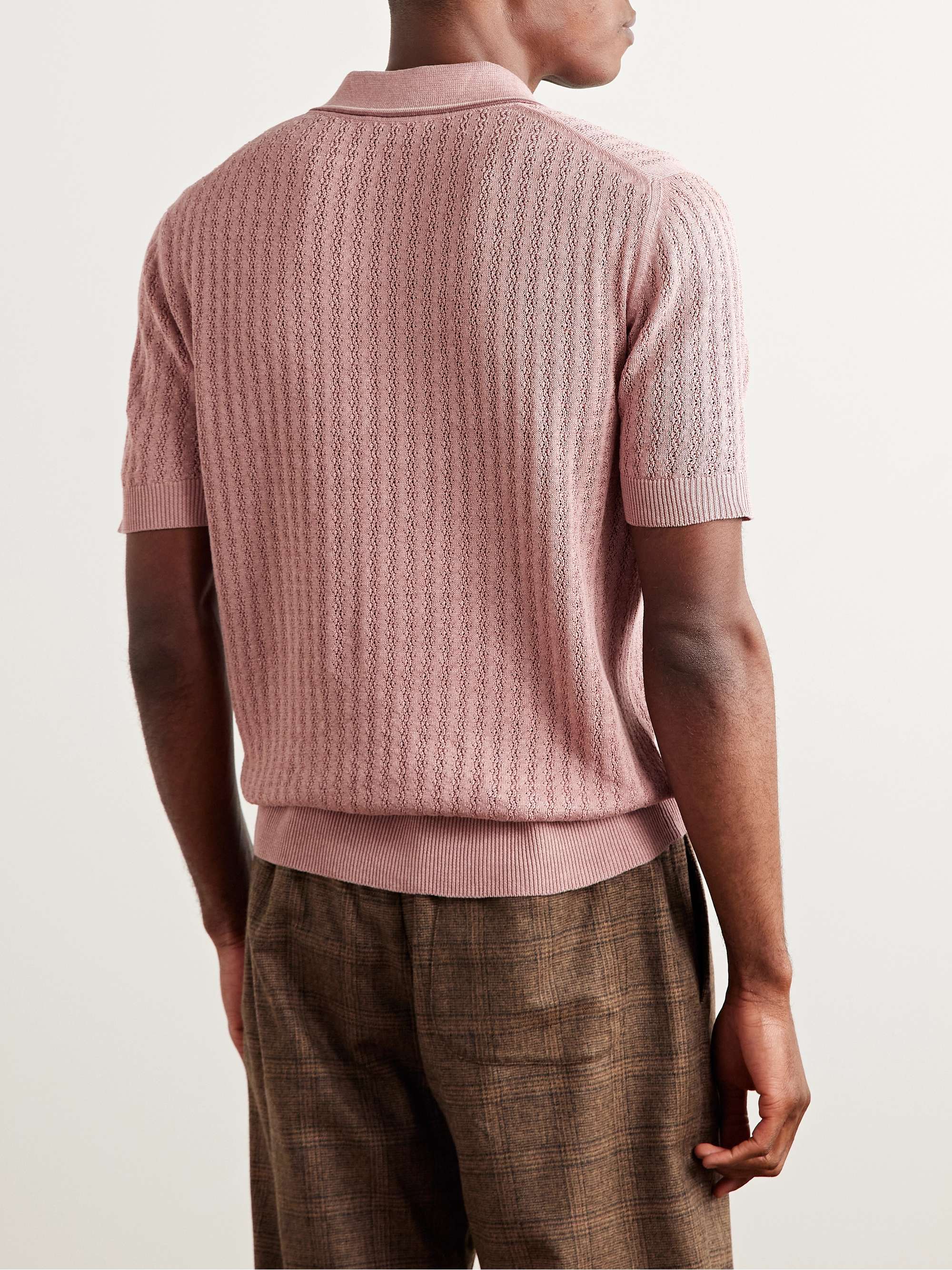 Striped Pointelle-Knit Silk and Linen-Blend Polo Shirt view