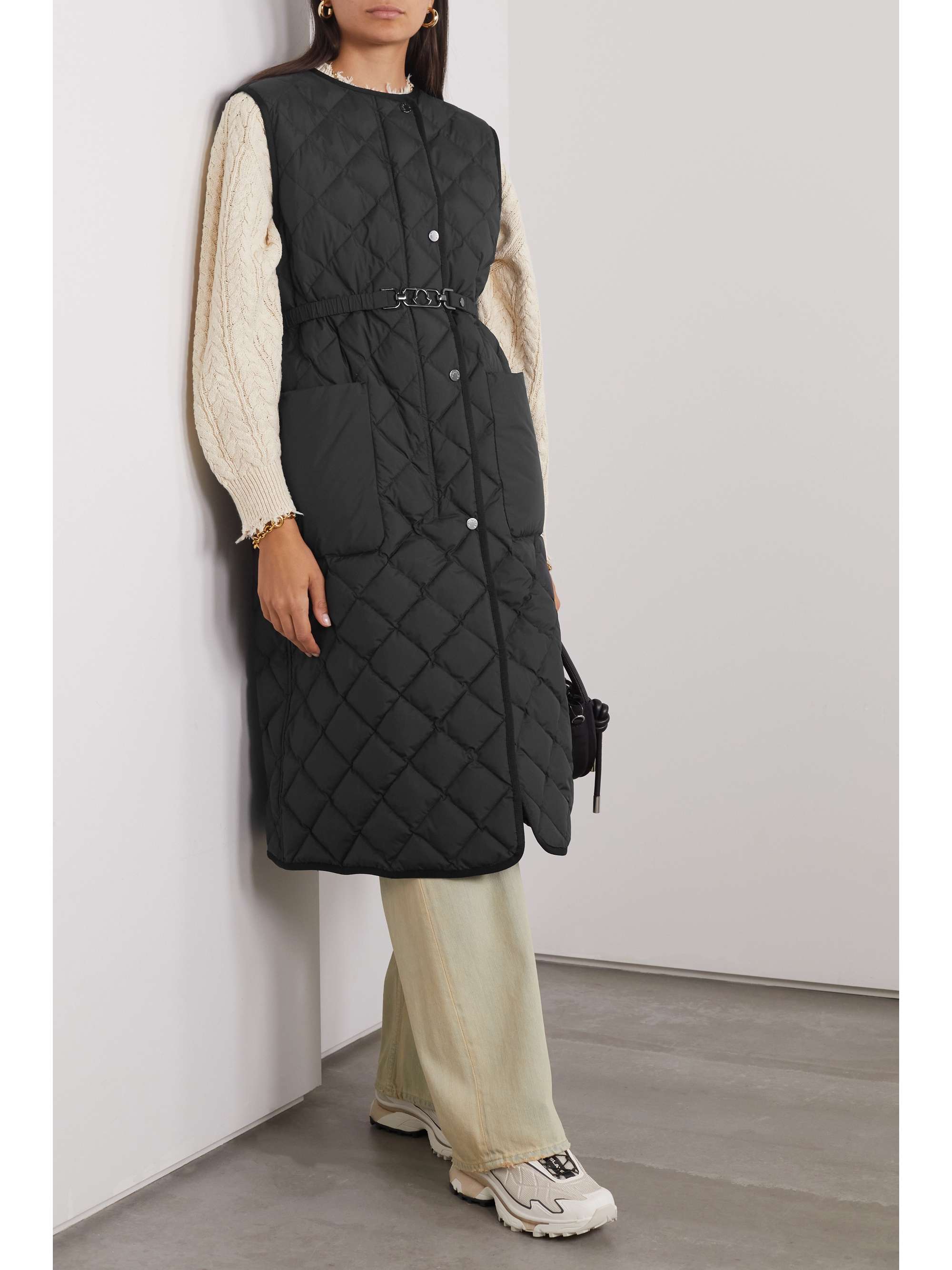 Butor appliquéd belted quilted shell down gilet view