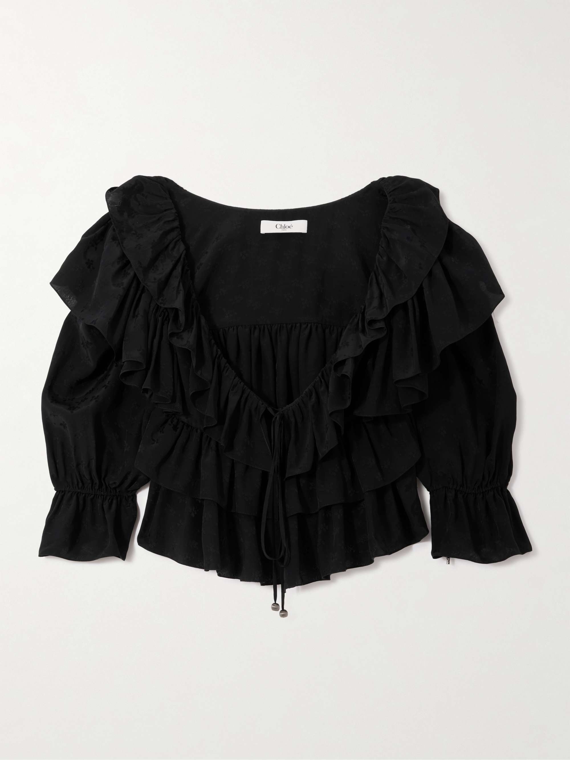 Ruffled cropped floral-jacquard blouse view