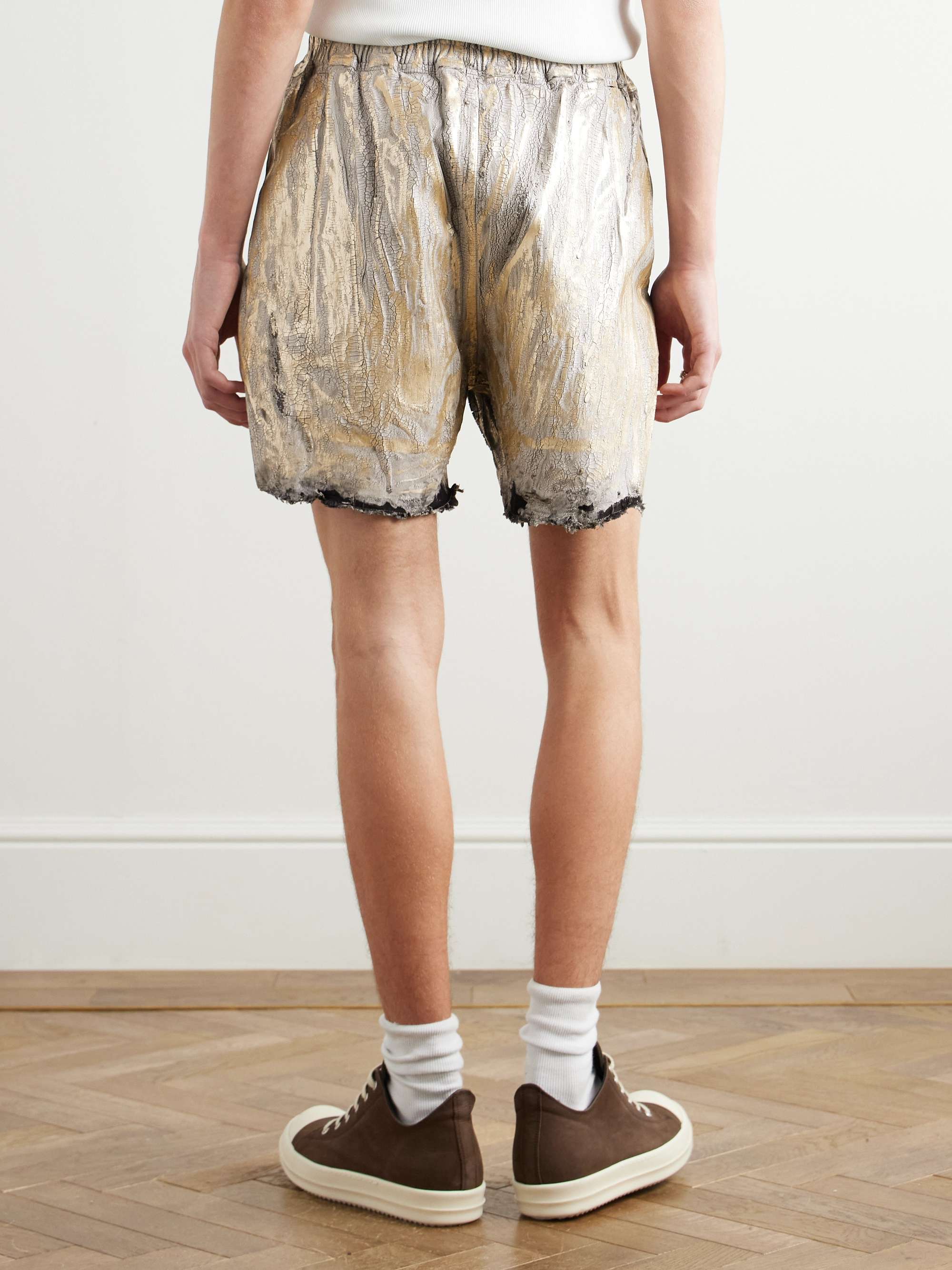 Blister Straight-Leg Frayed Metallic Megacrust Stretch-Denim Drawstring Shorts view