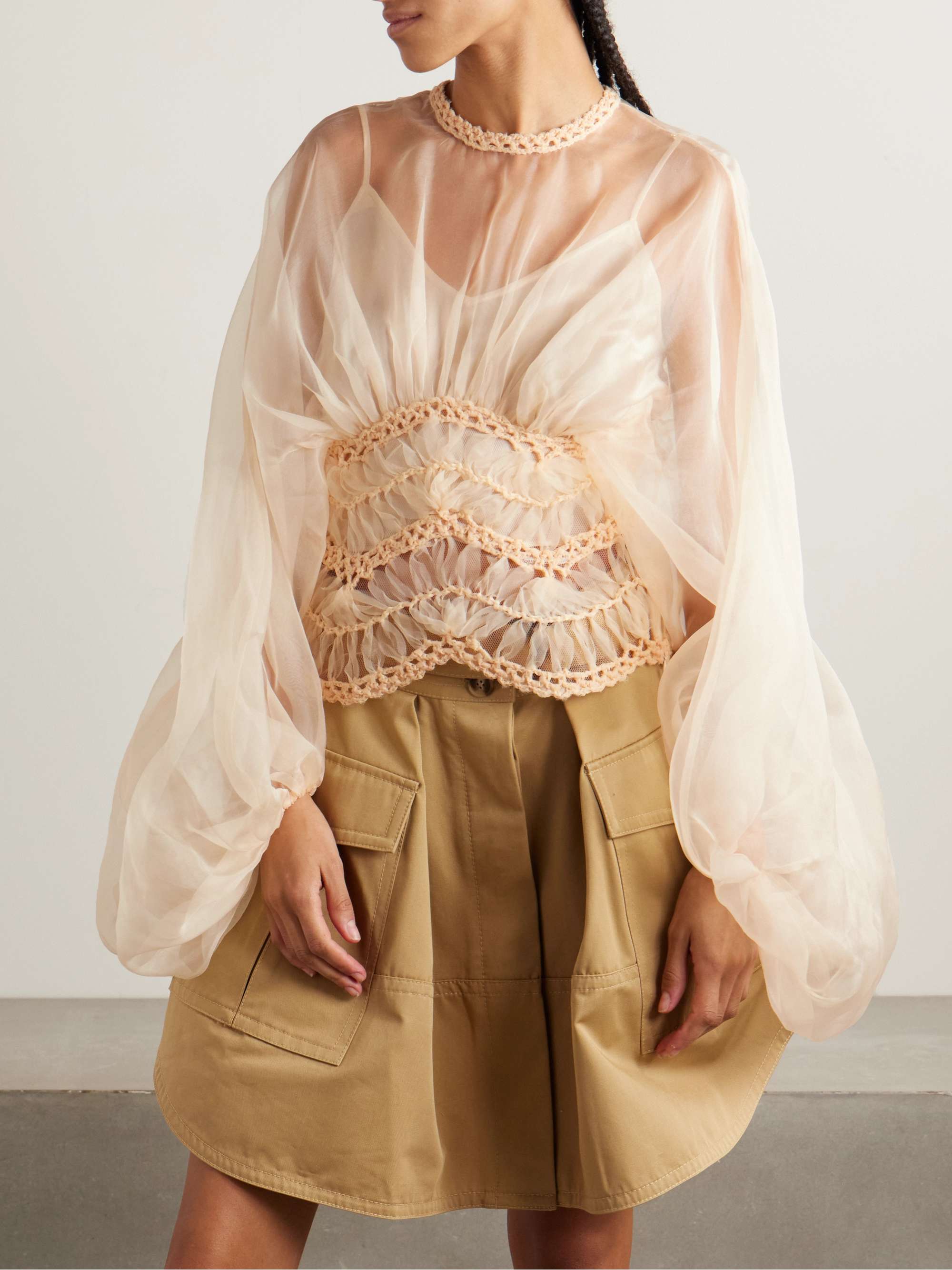 Illuminate macramé and tulle-trimmed gathered silk-organza blouse view