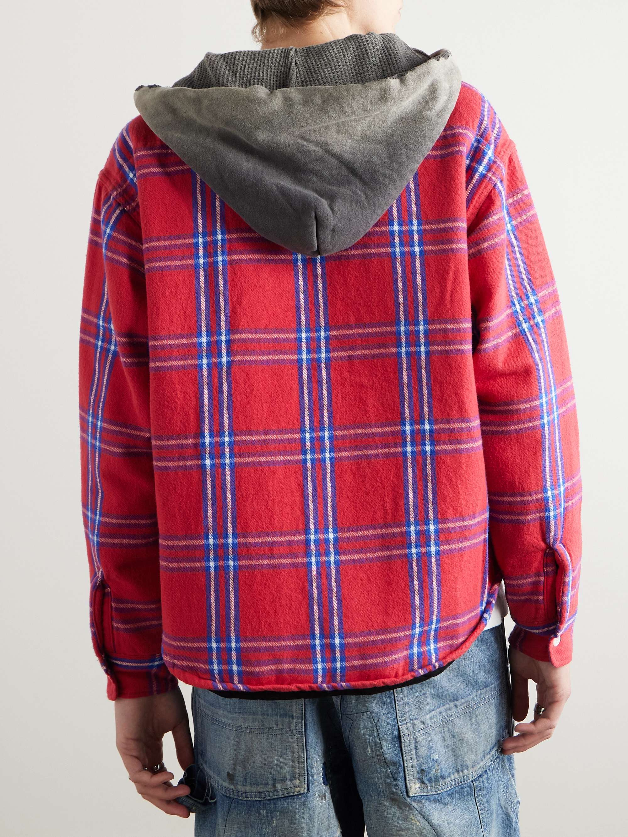Jersey-Trimmed Padded Checked Cotton-Flannel Hooded Overshirt view