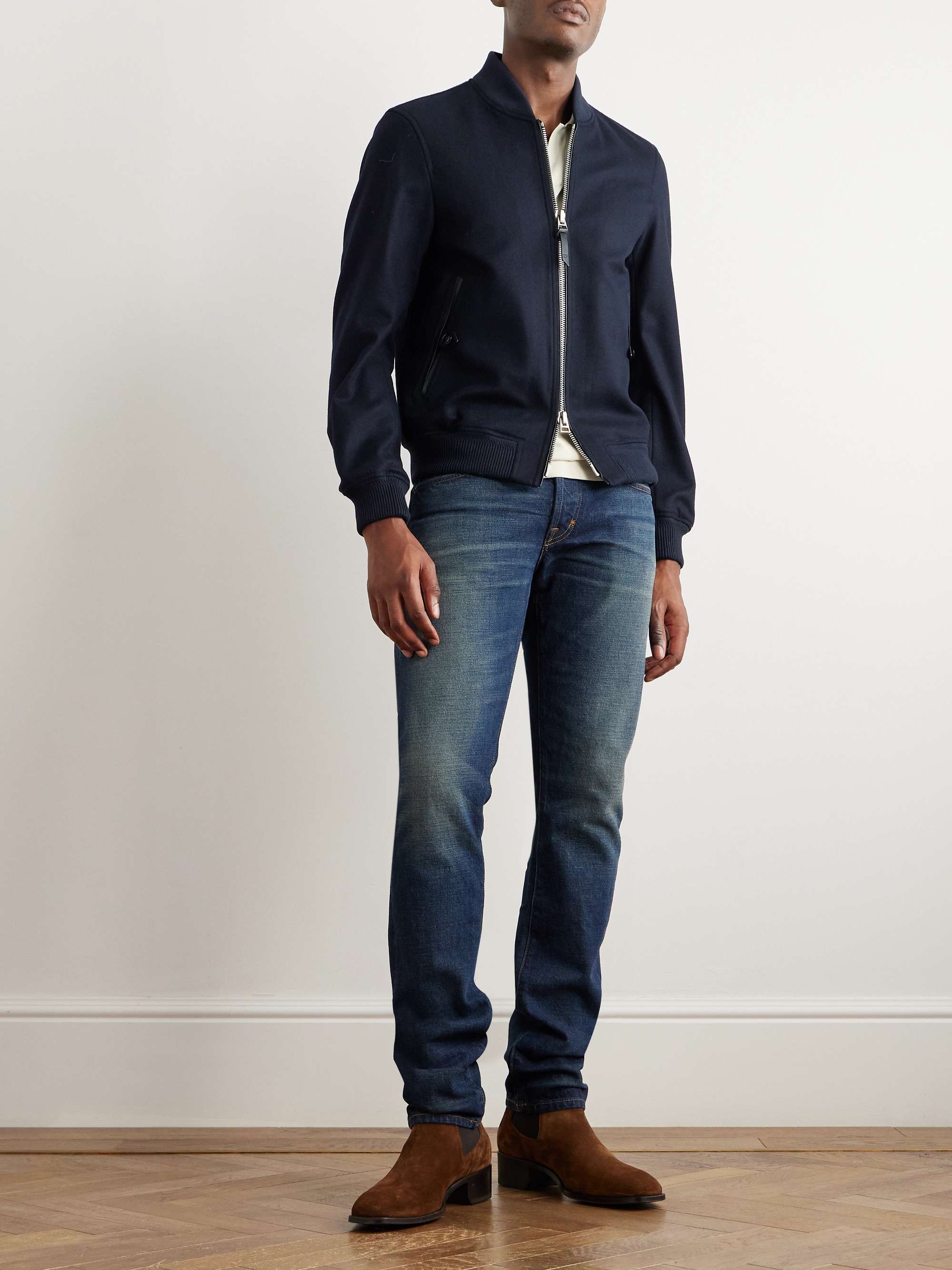 Leather-Trimmed Wool-Felt Bomber Jacket view
