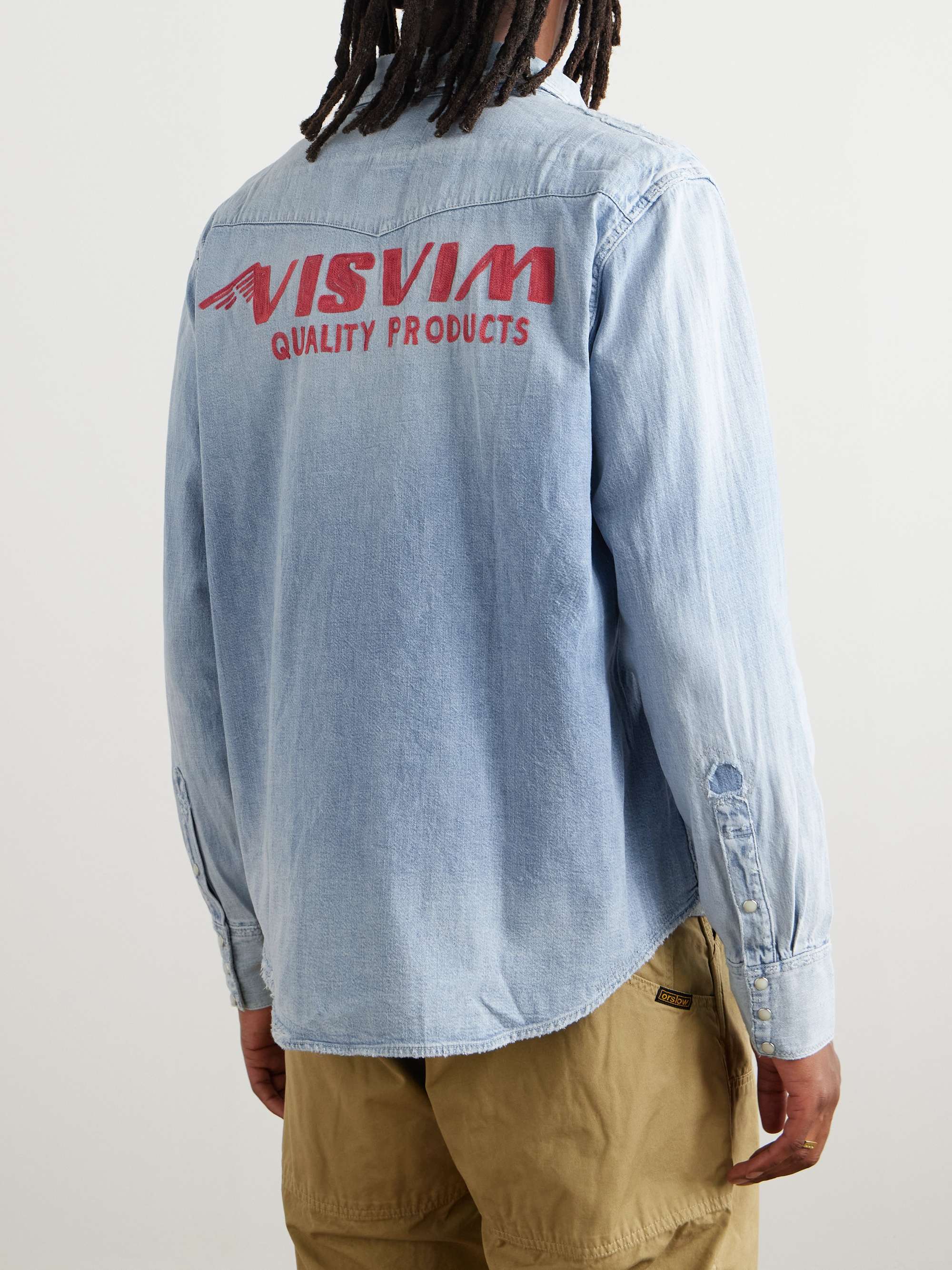 Peerless Distressed Logo-Embroidered Washed-Denim Shirt view