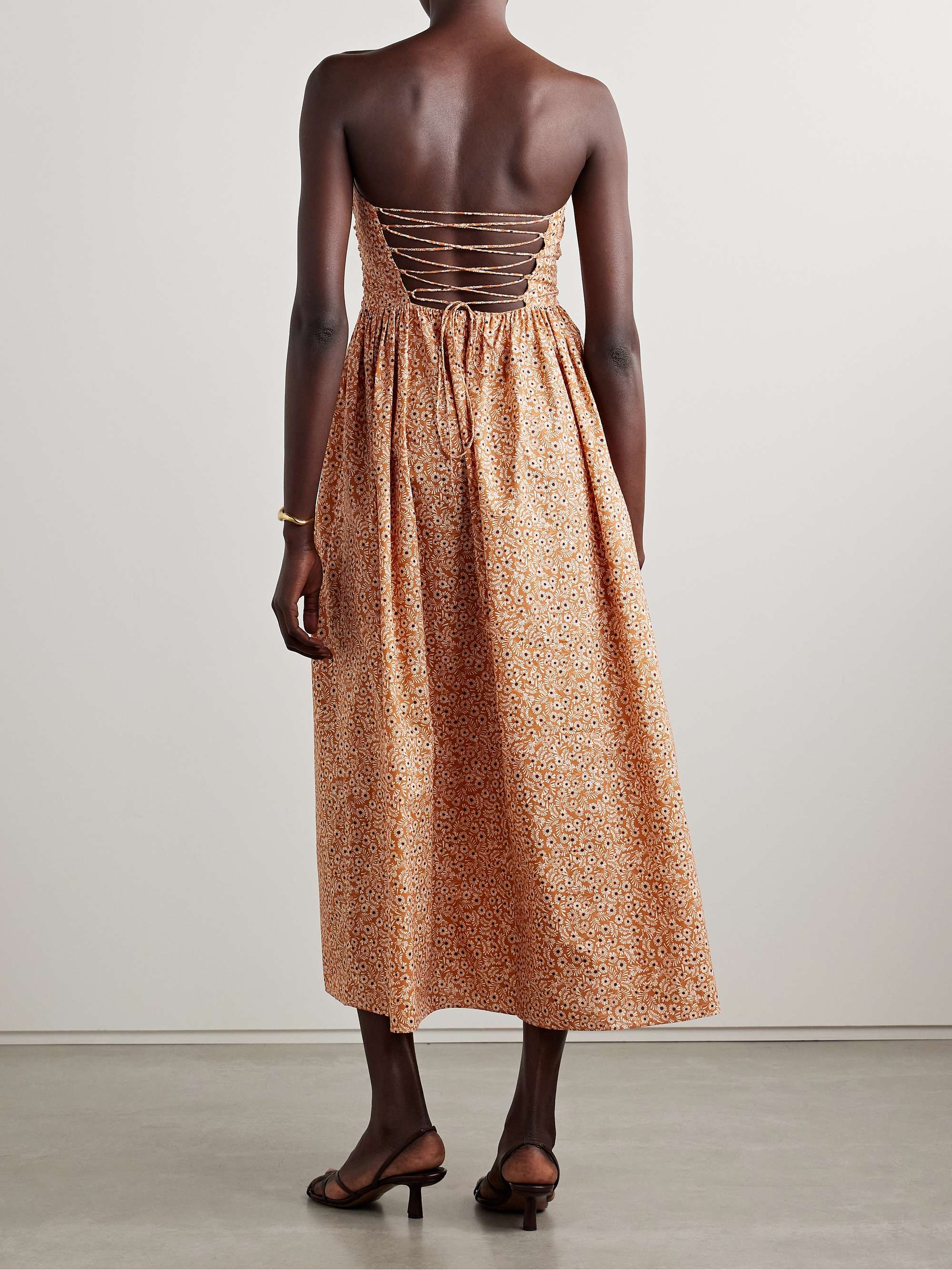 Strapless floral-print gathered organic cotton-poplin midi dress view