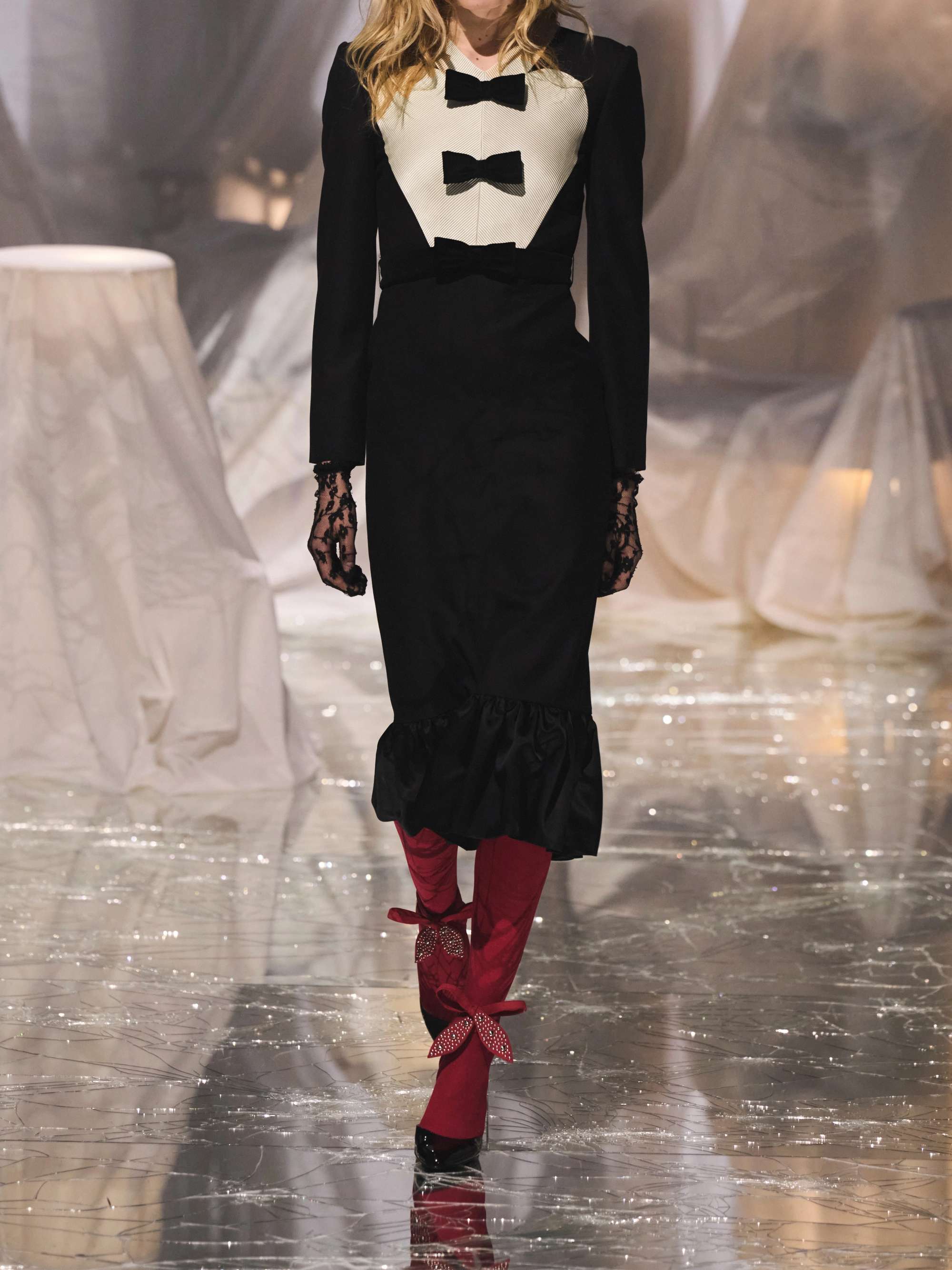 Belted bow-embellished velvet and Ottoman-trimmed wool midi dress view