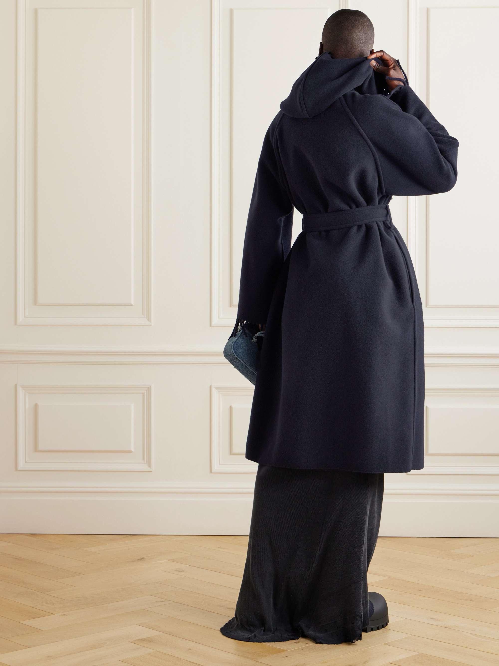 Fringed hooded brushed wool coat view