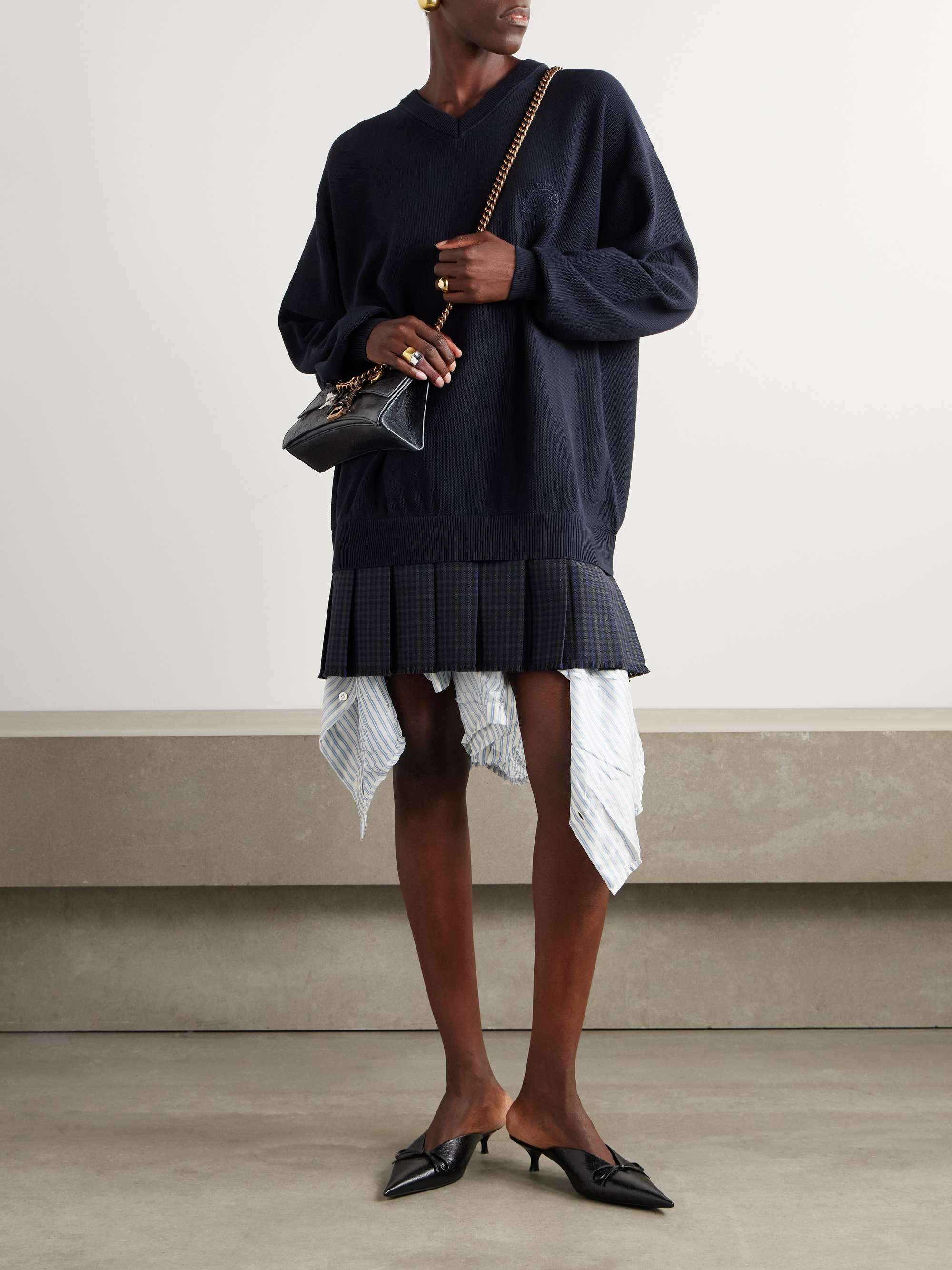 Layered wool-trimmed embroidered cotton mini dress view