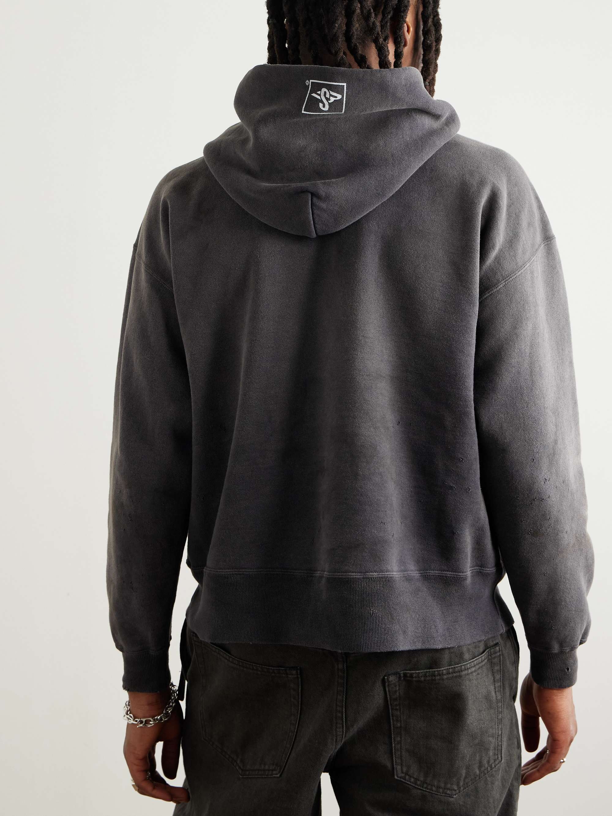 SMX6 Distressed Logo-Print Cotton-Jersey Hoodie view