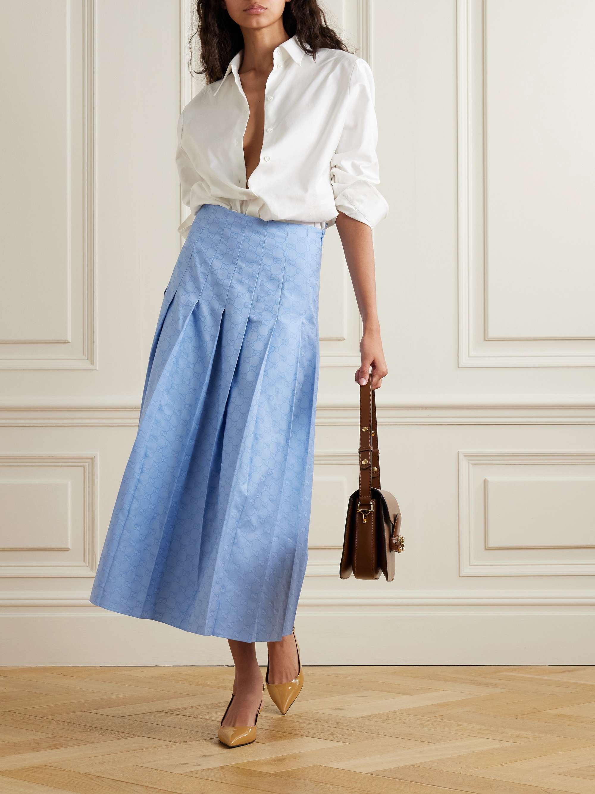 Pleated cotton Oxford-jacquard midi skirt view