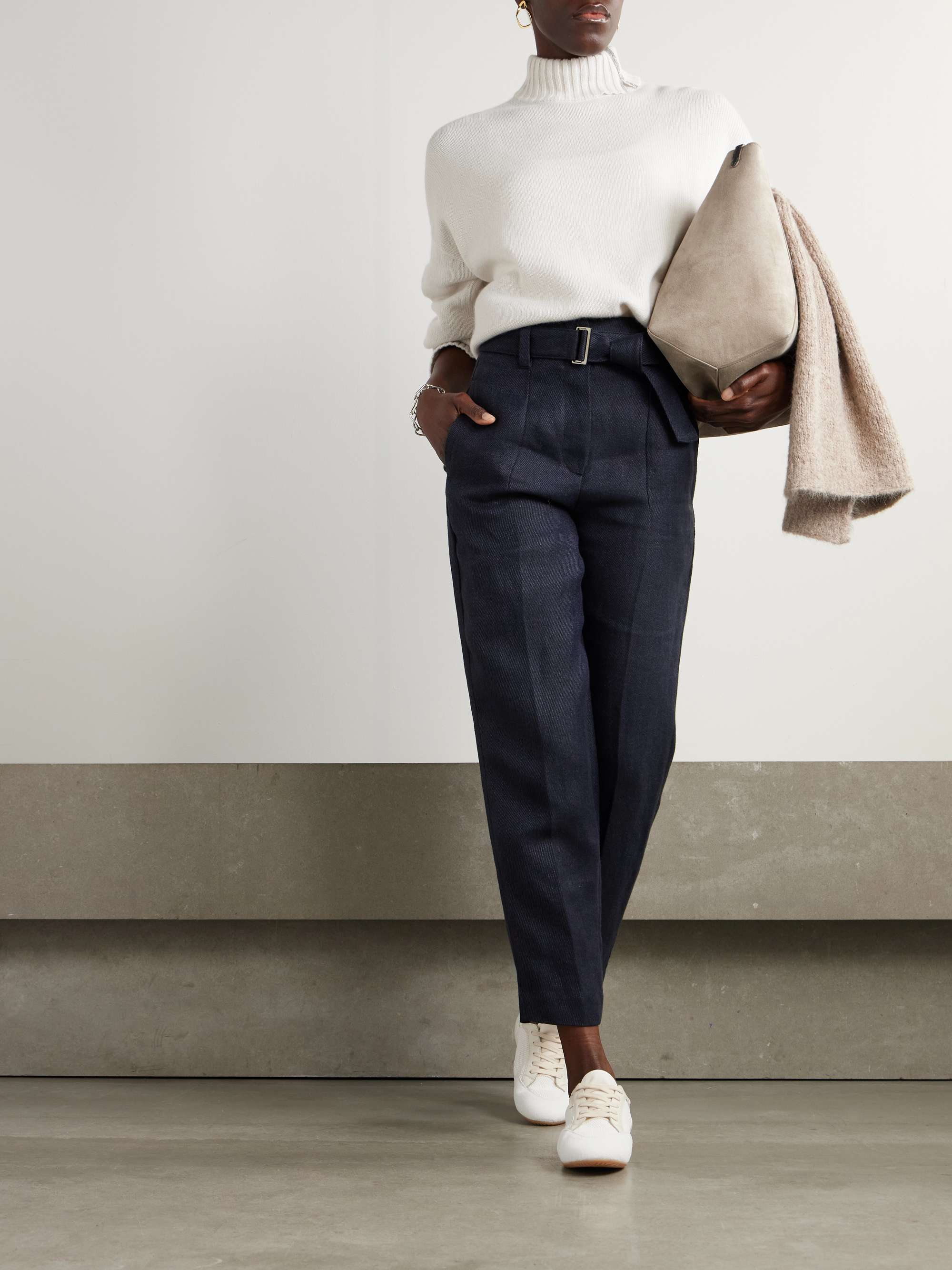 Belted cropped belted linen-twill tapered pants view