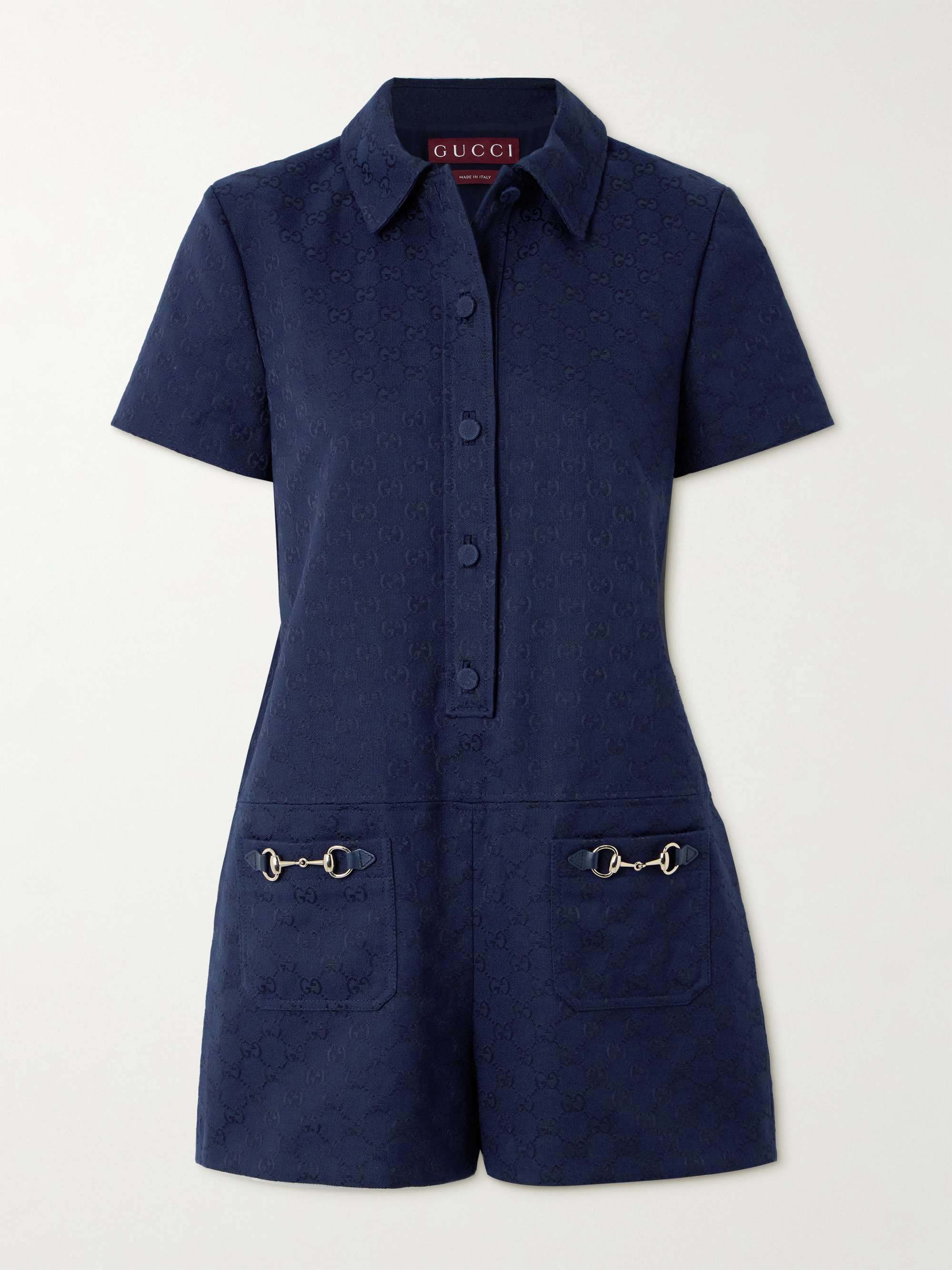 Embellished leather-trimmed canvas-jacquard playsuit view