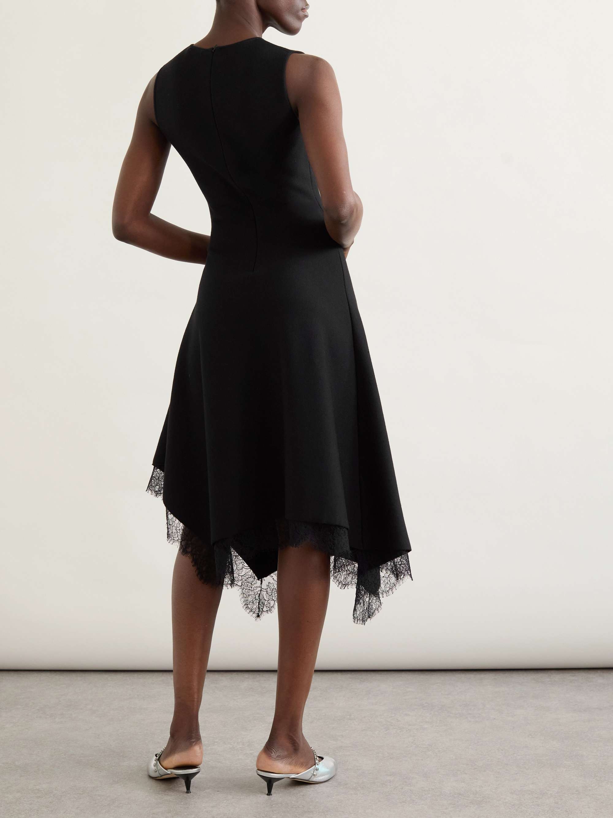 Asymmetric lace-trimmed woven midi dress view